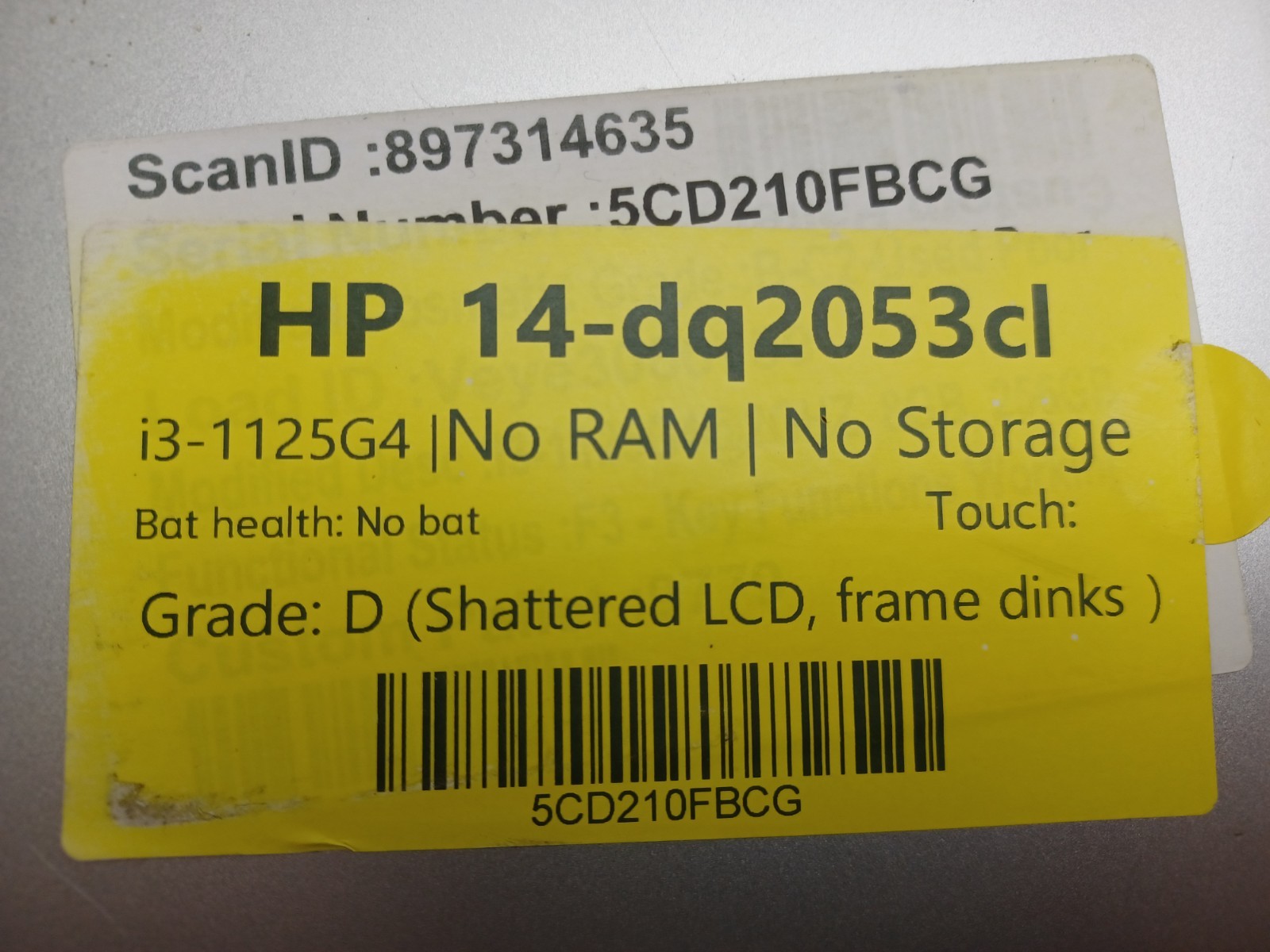 HP Laptop 14-dq2053cl i3-1125g4 NO RAM NO SSD NO OS NO BAT for parts/repair