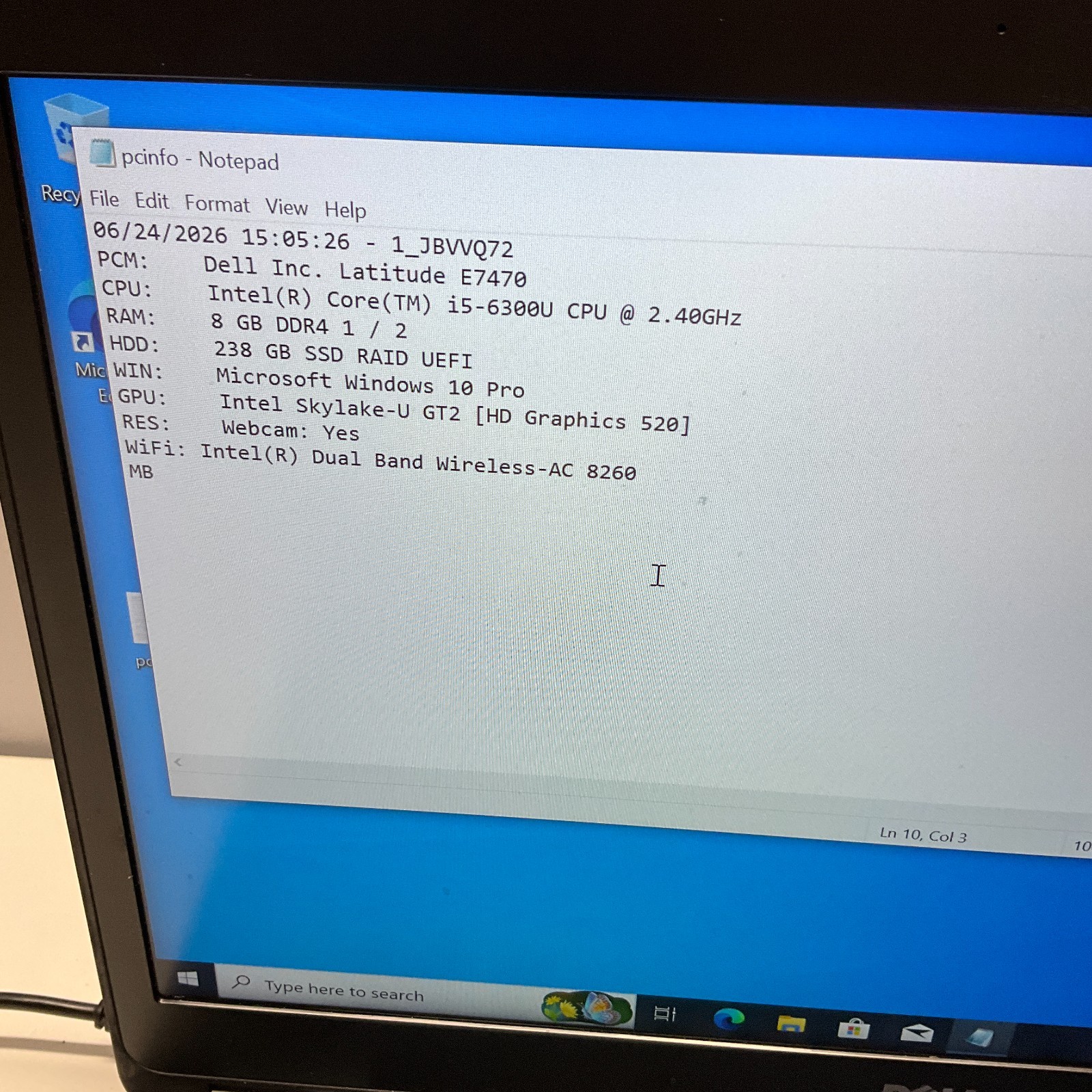 Dell Latitude E7470 Intel i5-6300U 2.4GHz 8GB 256GB SSD Windows 10 NO BATTERY