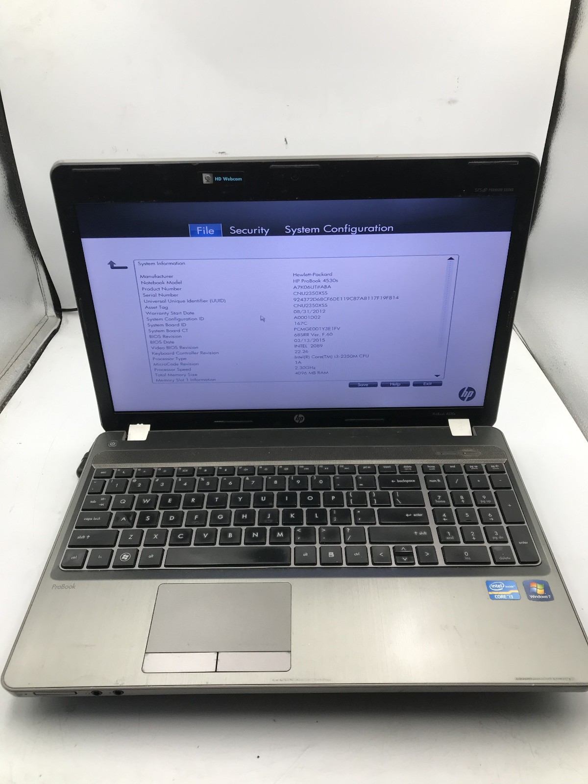 HP PROBOOK 4530S – BOOTS TO BIOS – INTEL I3 2350M – NO RAM -READ DESCRIPTION- BB