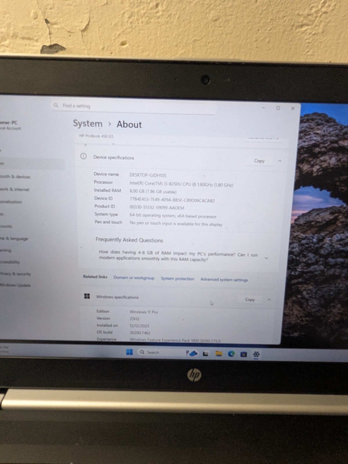 HP ProBook 450 G5 15.6″ i5-8250U 1.60GHz 8GB 256GB SSD W11P 5CD8323Q5Y