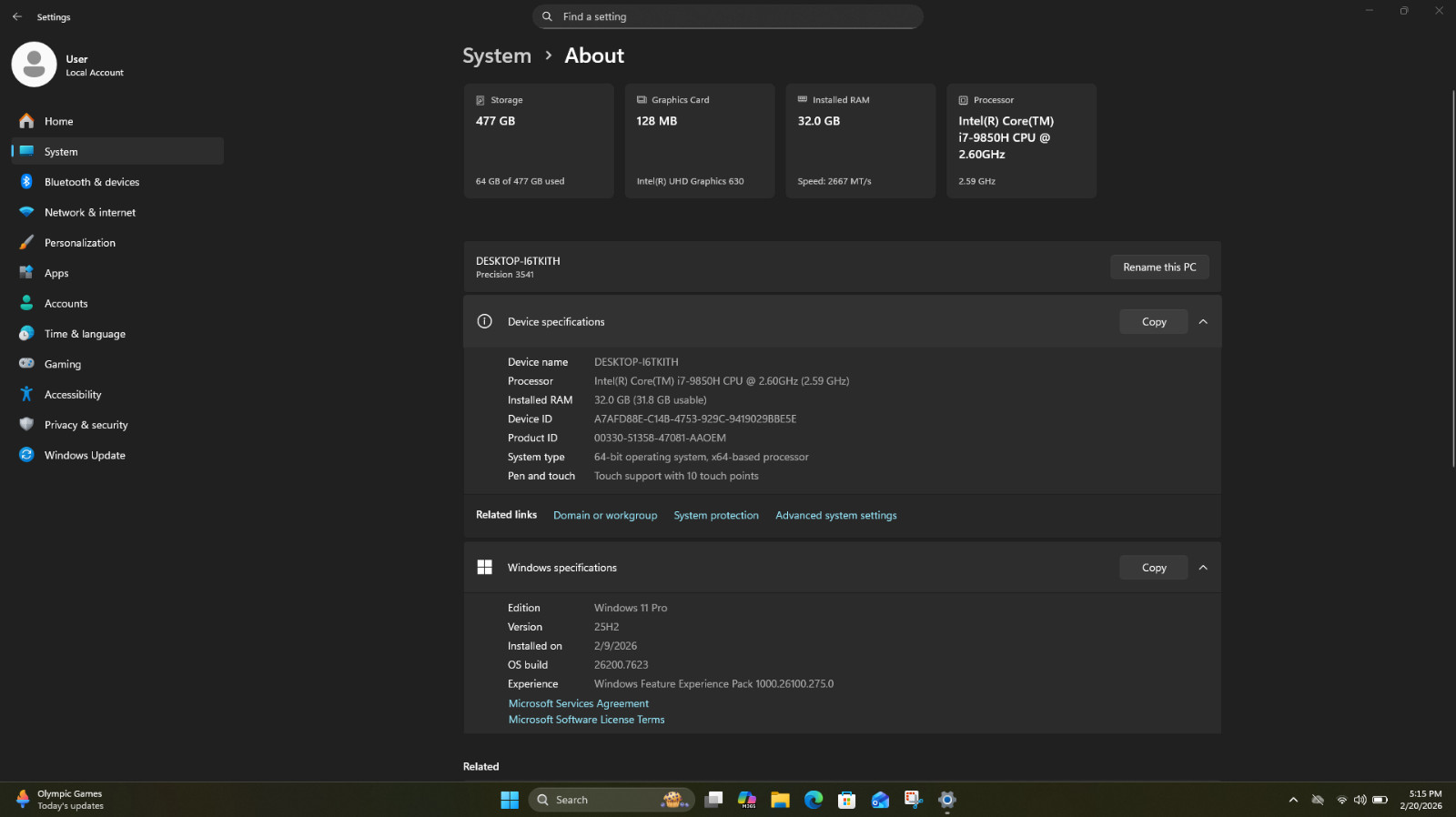 Dell Precision 3541 Mobile Workstation Intel(R) Core(TM)i7-9850H CPU @2.6 GHz 38