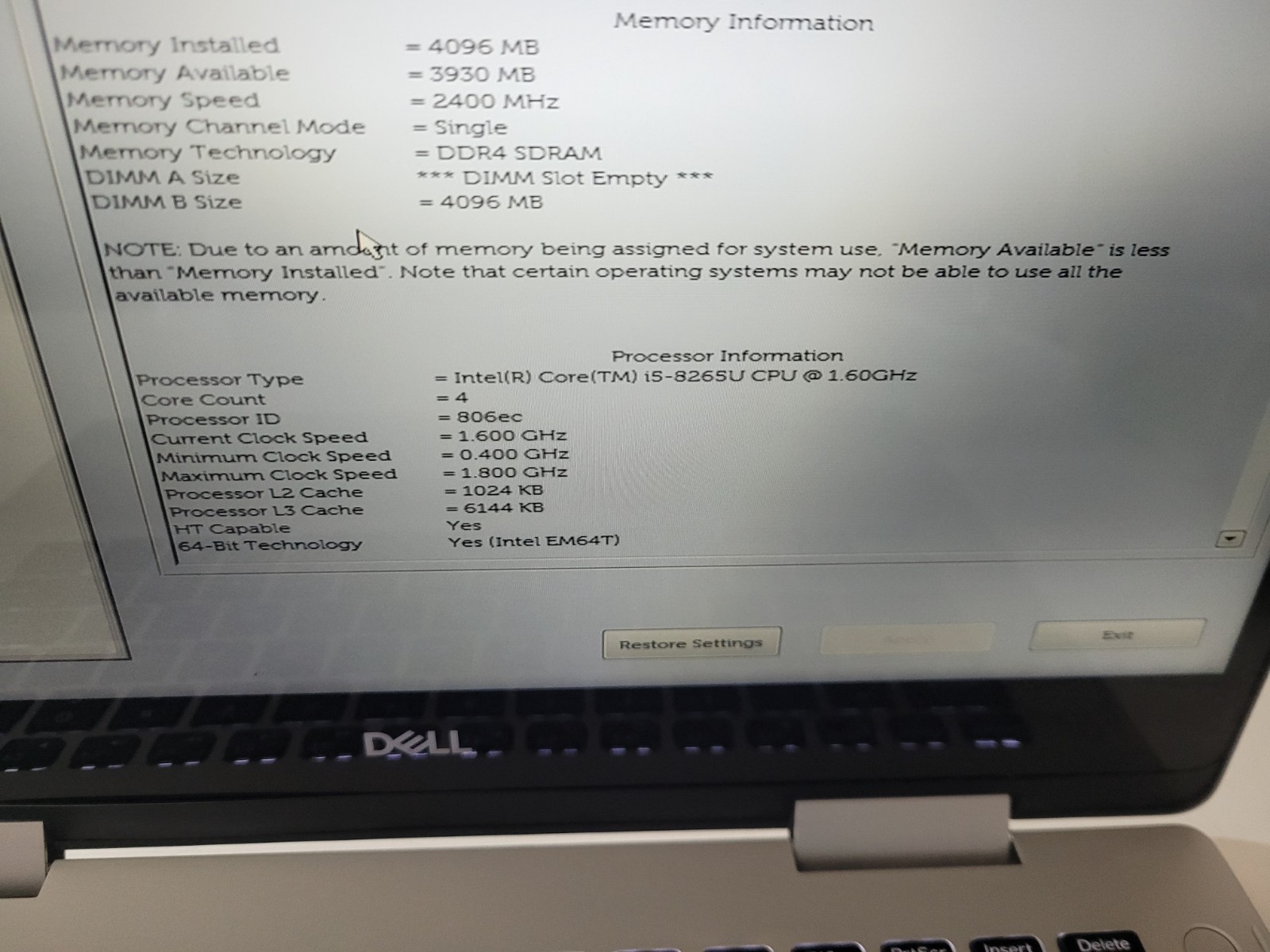 Dell Inspiron 5482 Intel Core i5-8265U 1.6Ghz 4GB Ram No SSD 14″ Laptop