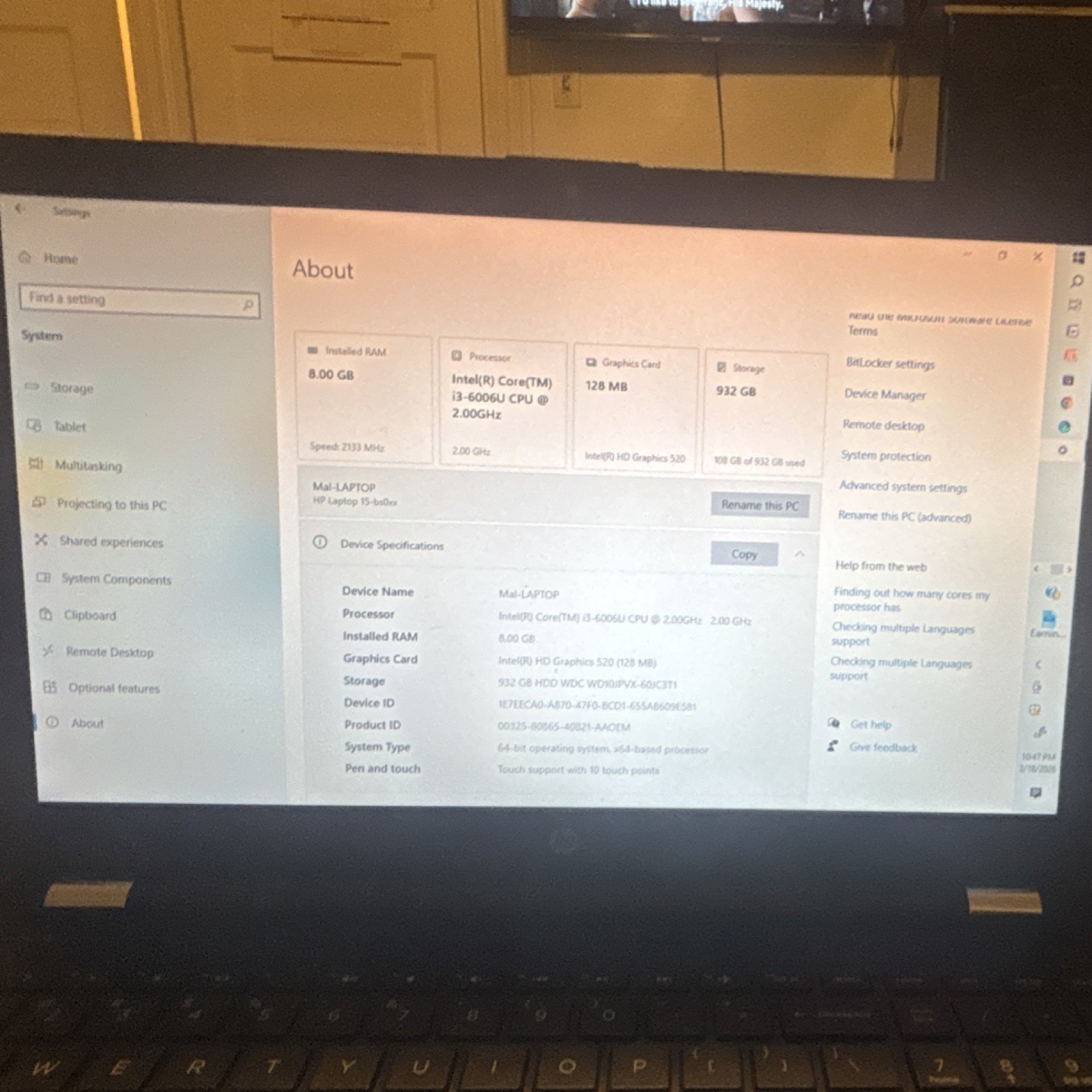 HP Laptop 15-bs0xx Intel Core i3-6006U 8GB RAM 932GB HDD 15.6″ Windows 10 Black