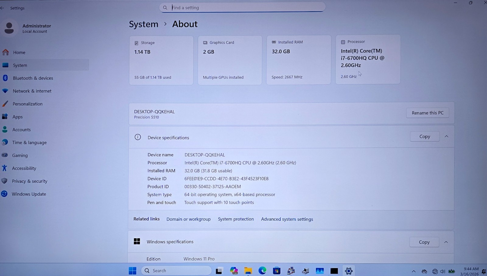Dell Precision 5510 15.6″ 4K Touch i7-6700HQ 32GB RAM 1.25TB SSD Bklit W11 Pro