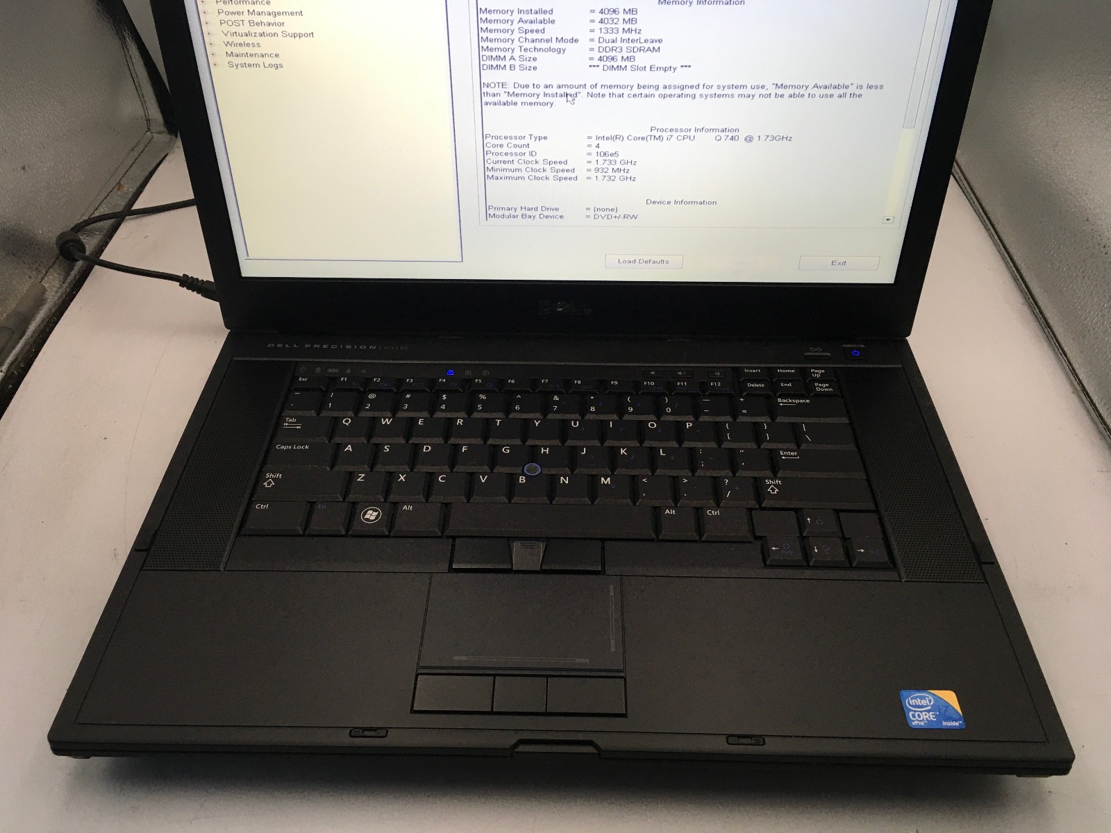 DELL PRECISION M4500 – BOOTS TO BIOS – INTEL I7 Q740 – NO RAM – NO OS – READ -BB