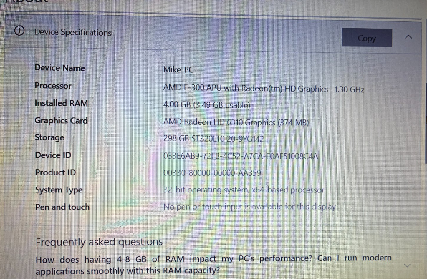 HP 2000 AMD E-300 APU 1.30 GHz 4GB RAM 298GB HDD Win10 for Parts/Repair ~ Read