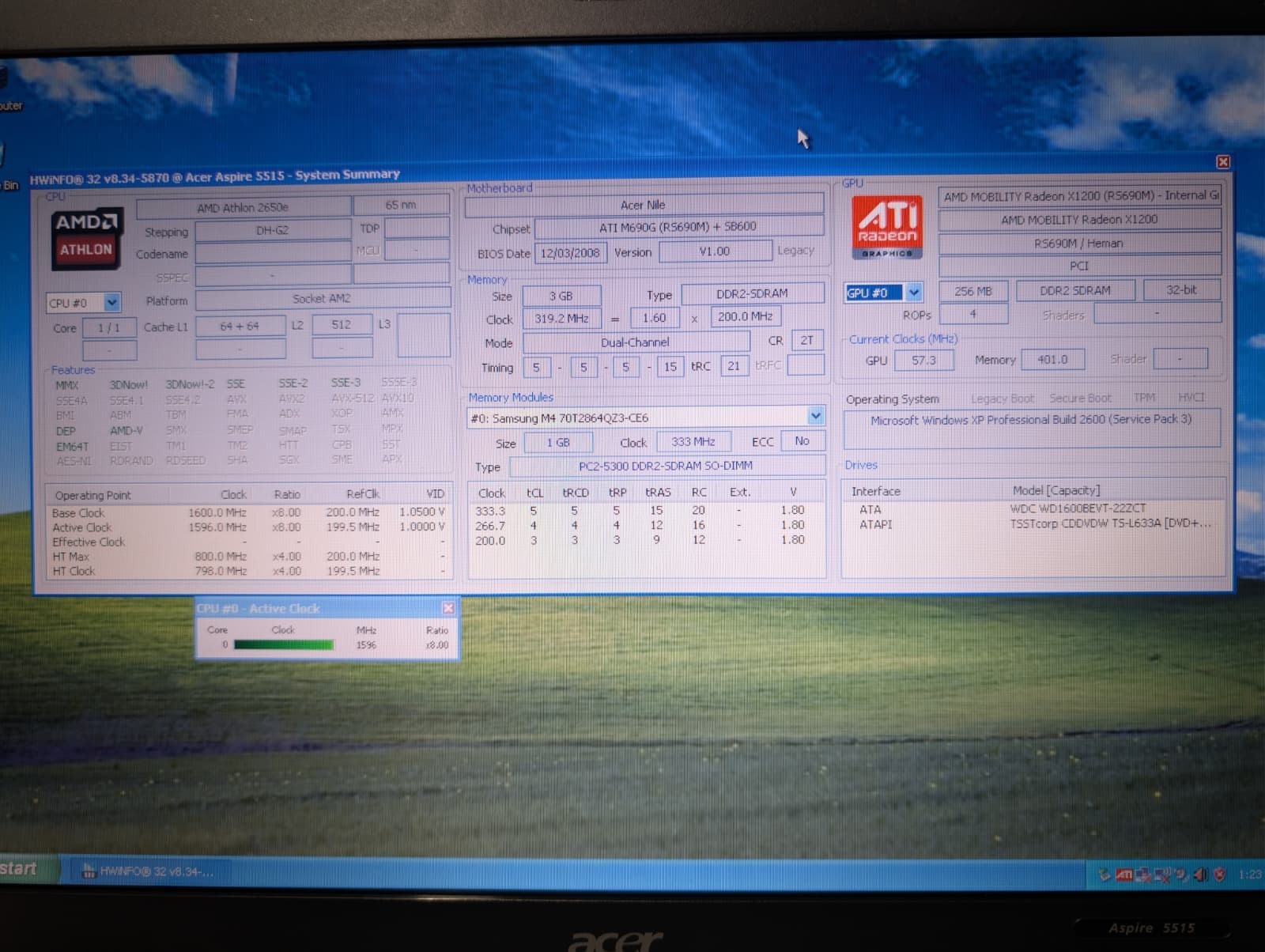 15″ Acer Aspire 5515 | AMD Athlon 2650e 3GB RAM 160GB HD | Win XP Pro 32-Bit DVD