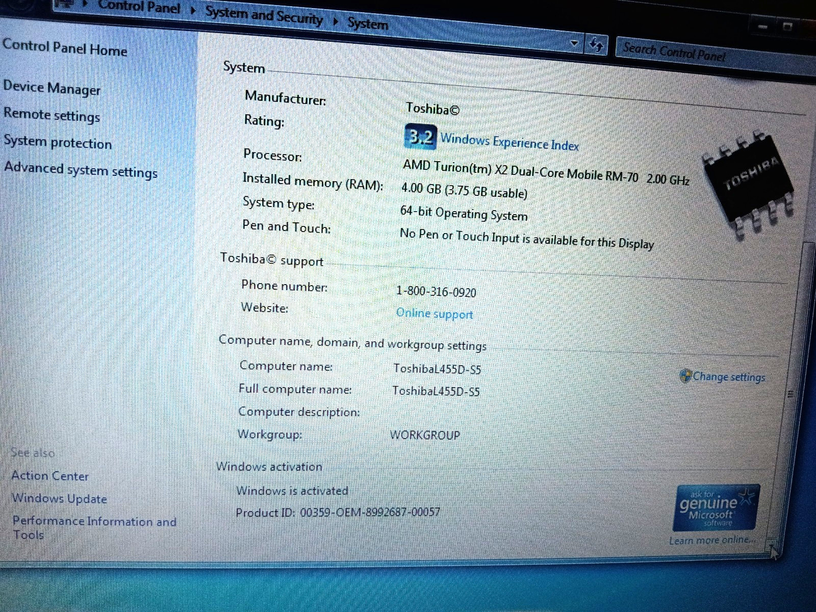 Toshiba L455D-S5976/AMD Turion RM-70 2.00ghz/4gb/750gb/Windows 7 Home/Vga/15.6