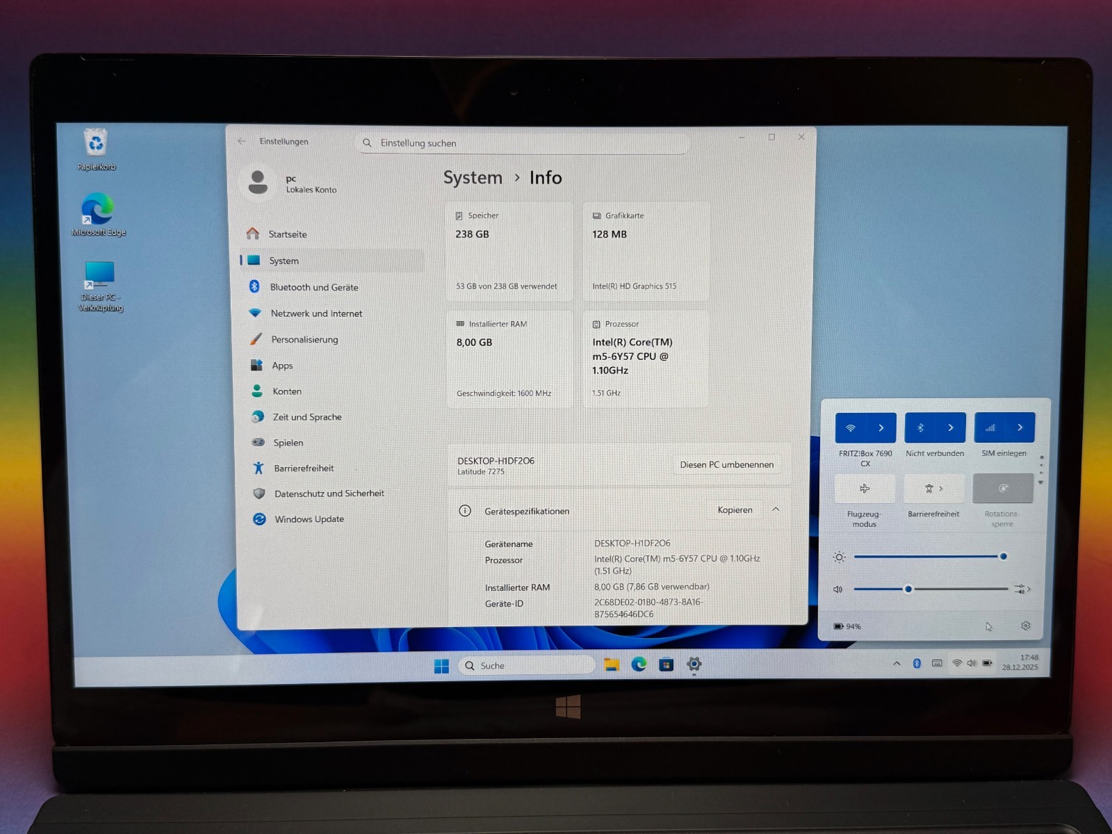 Dell Latitude 7275 Tablet Laptop 12.5m5-6Y57 8GB 256GB DE WIN 11Pro LTE NB ST