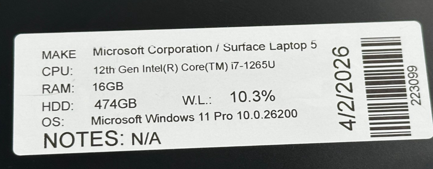 MICROSOFT SURFACE 5 LAPTOP i7-1265u @ 2.70 GHZ 32GB RAM 588GB SSD (lp691)