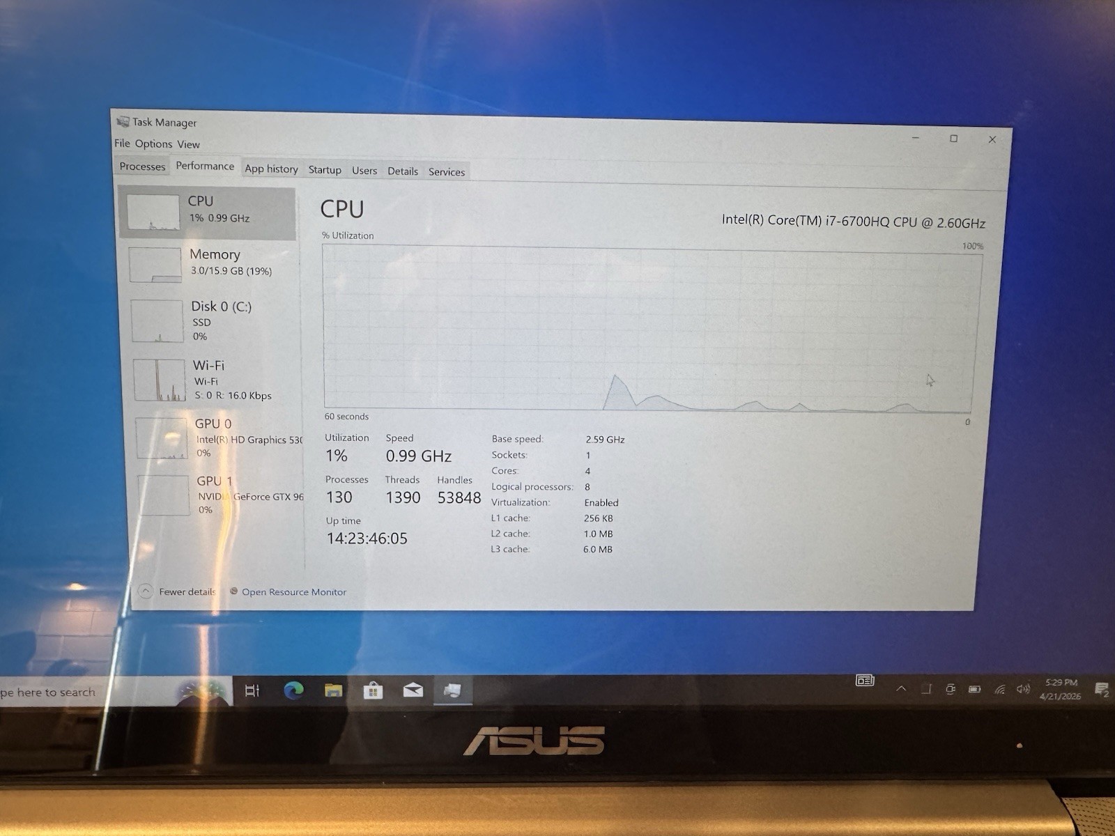 ASUS UX501V 15.6″ Laptop Intel i7-6700HQ 16GB SSD GTX 960M Silver Windows 10