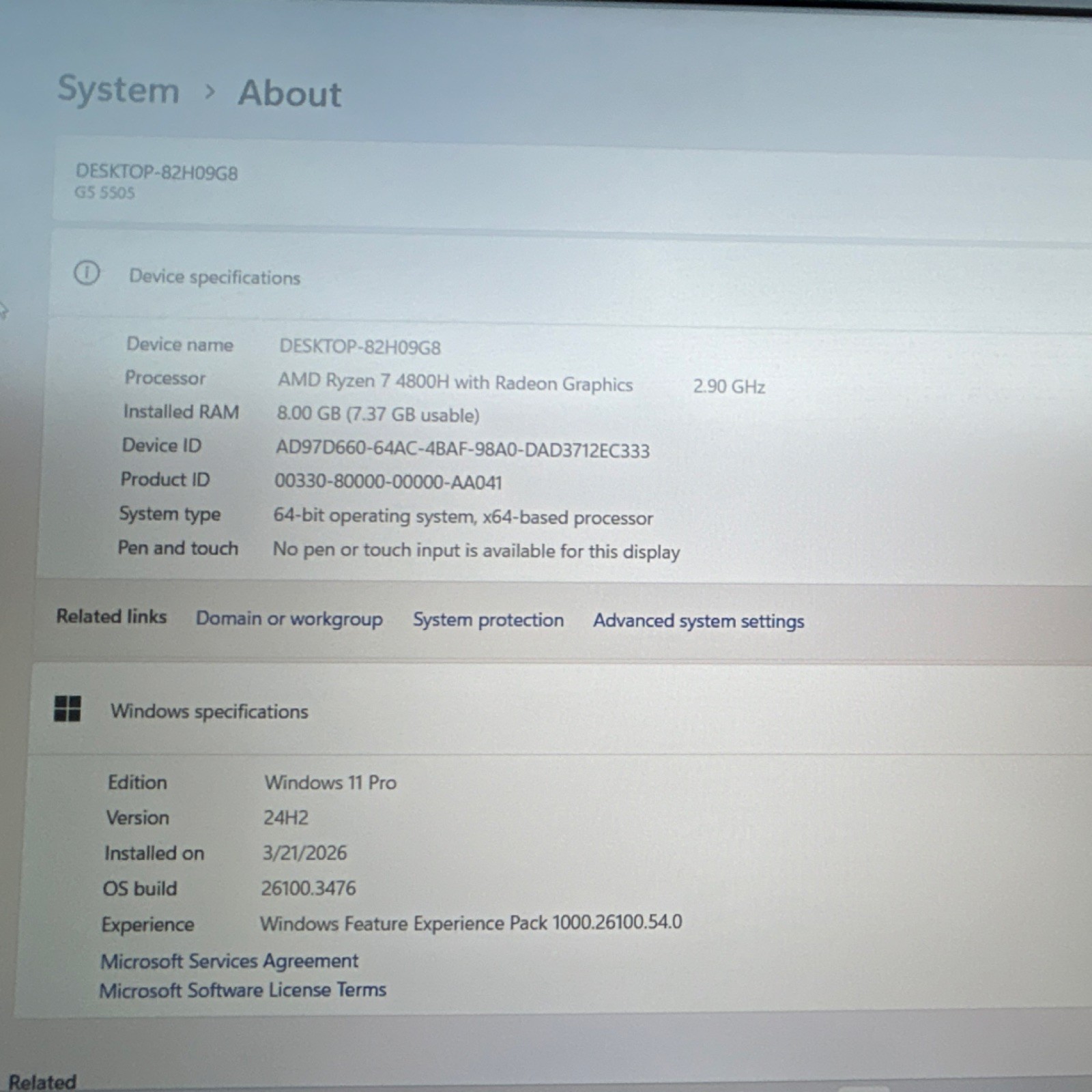 Dell G5 5505 Laptop AMD Ryzen 7 8GB RAM Windows 11 Pro Radeon Graphics
