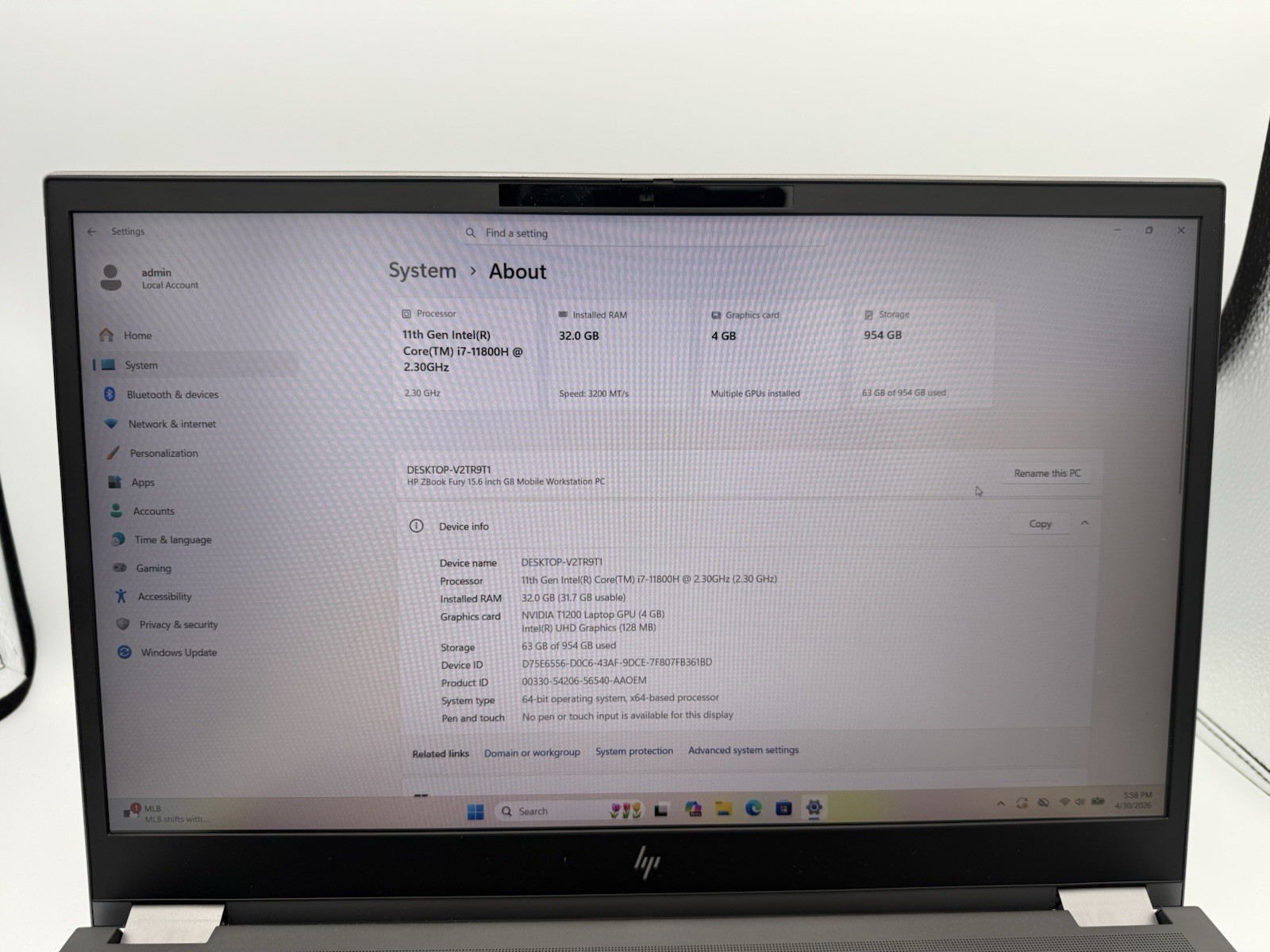 HP ZBook Fury 15.6” G8 WS – i7-11800H | 32GB RAM | 1TB SSD