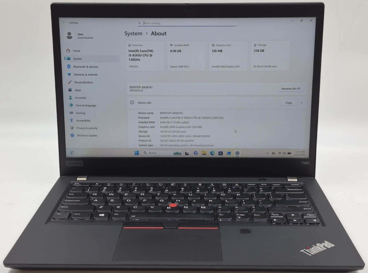 Lenovo ThinkPad T490 i5-8265U 1.60GHz 8GB RAM 256GB NVMe W11P Laptop