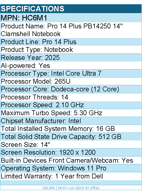Dell HC6M1 Pro 14 Plus PB14250 14″ Clamshell Notebook – Full HD Plus