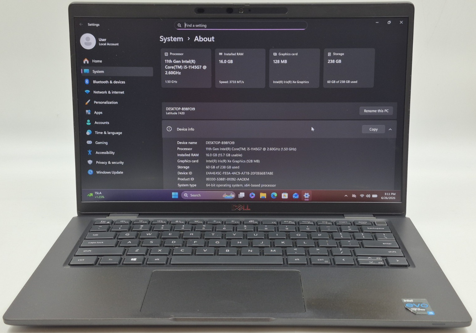 Dell Latitude 7420 Laptop i5-1145G7 2.60GHz 16GB RAM 256GB NVMe SSD Windows 11P