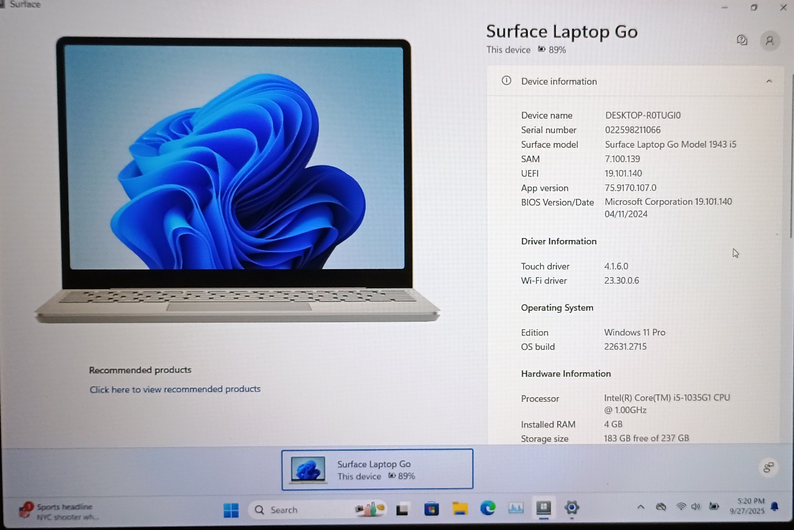 Microsoft Surface Laptop Go 12.4″ Touch Intel i5-1035G1 4GB 256GB SSD Win 11 Pro