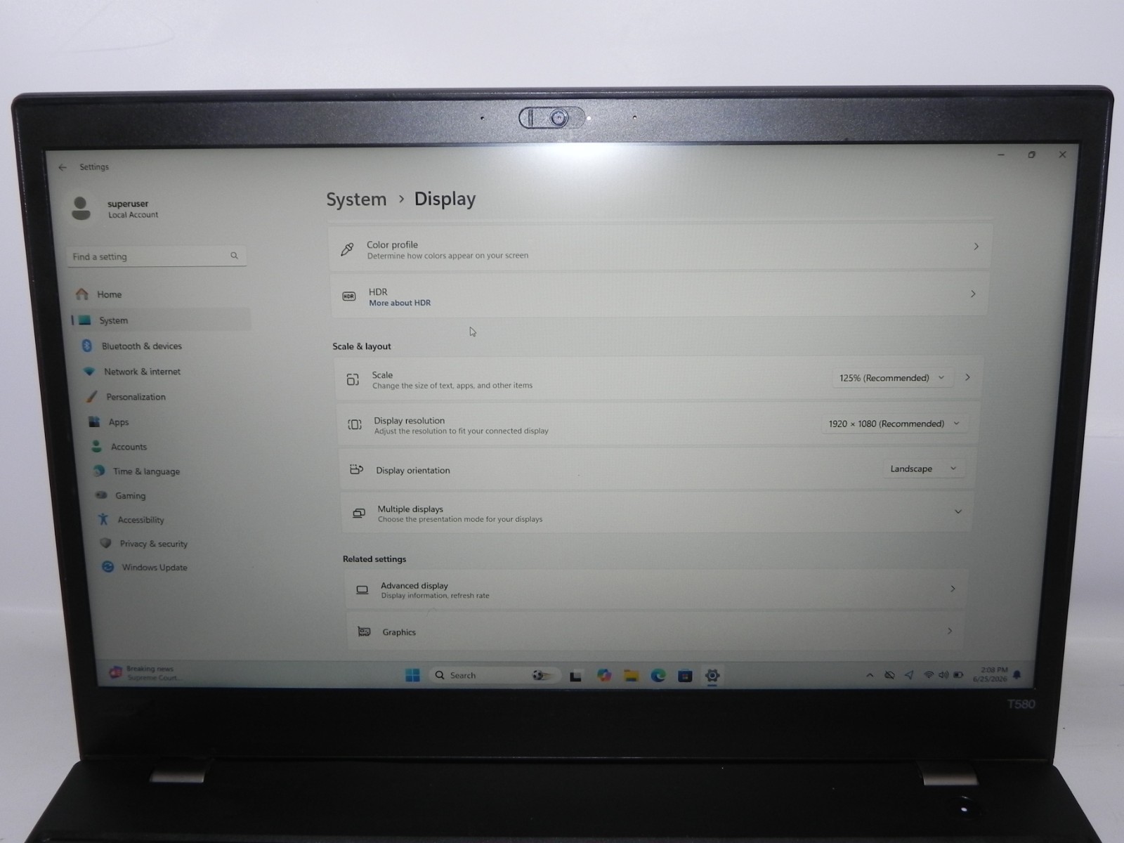 Lenovo ThinkPad T580 15.6″ Windows 11 Intel i7-8550u 1.9GHz 16GB RAM 256SSD