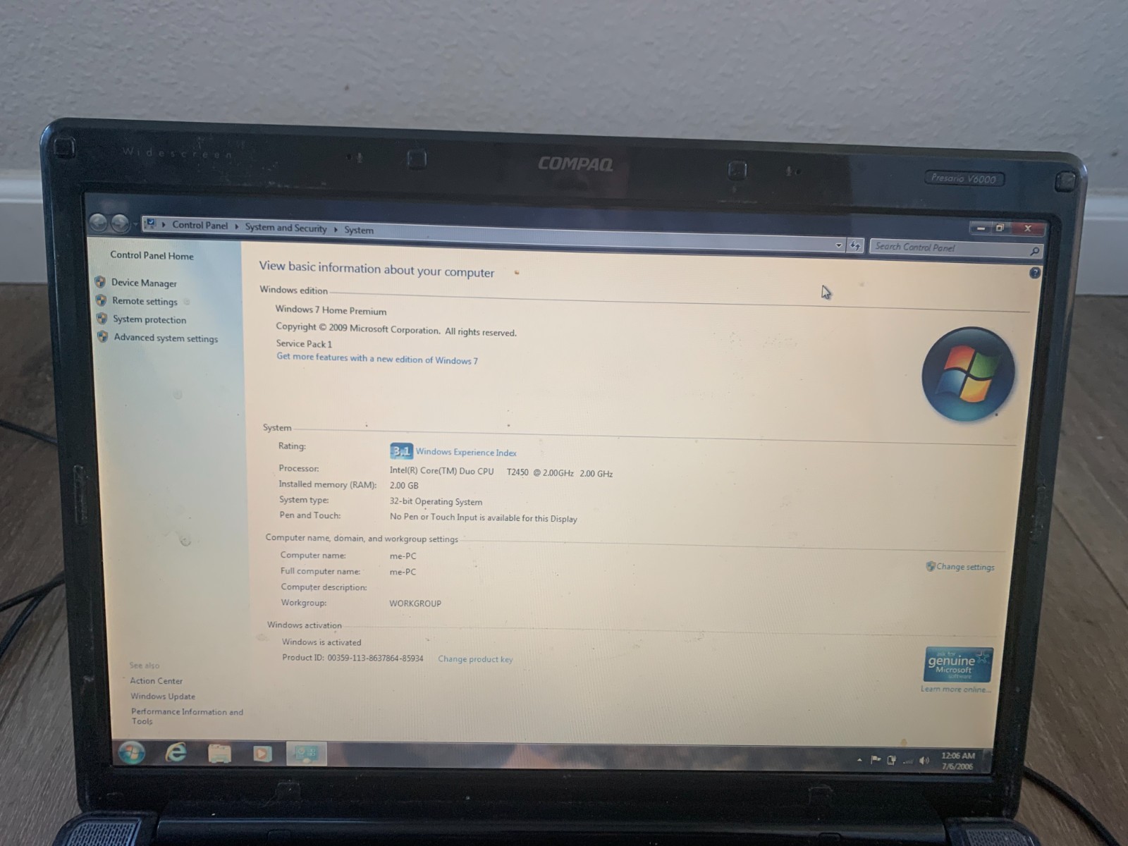 Compaq Presario V6000 15.4″ Intel Core Duo T2450 2.00Ghz 2GB RAM 120GB HDD Win 7