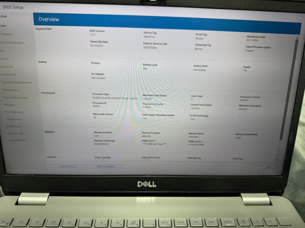 Dell Inspiron 15-5584,i5, 8GB, 256GB. Win11 Pro, Clean Good Battery W/AC Adapter
