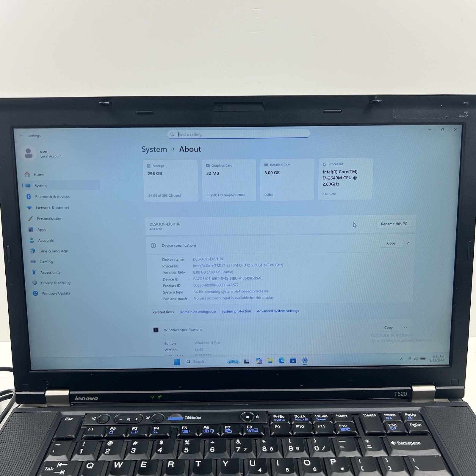 Lenovo ThinkPad T520 Intel i7-2640M 8GB 320GB HDD Win 11 w/ Charger|ELP65, READ