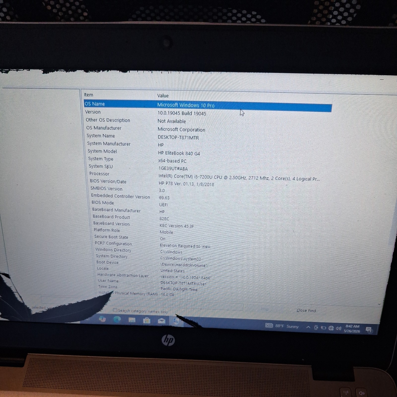 HP EliteBook 840 G4, Intel Core I5 7th Gen, 16GB RAM, 256GB SSD, For Parts