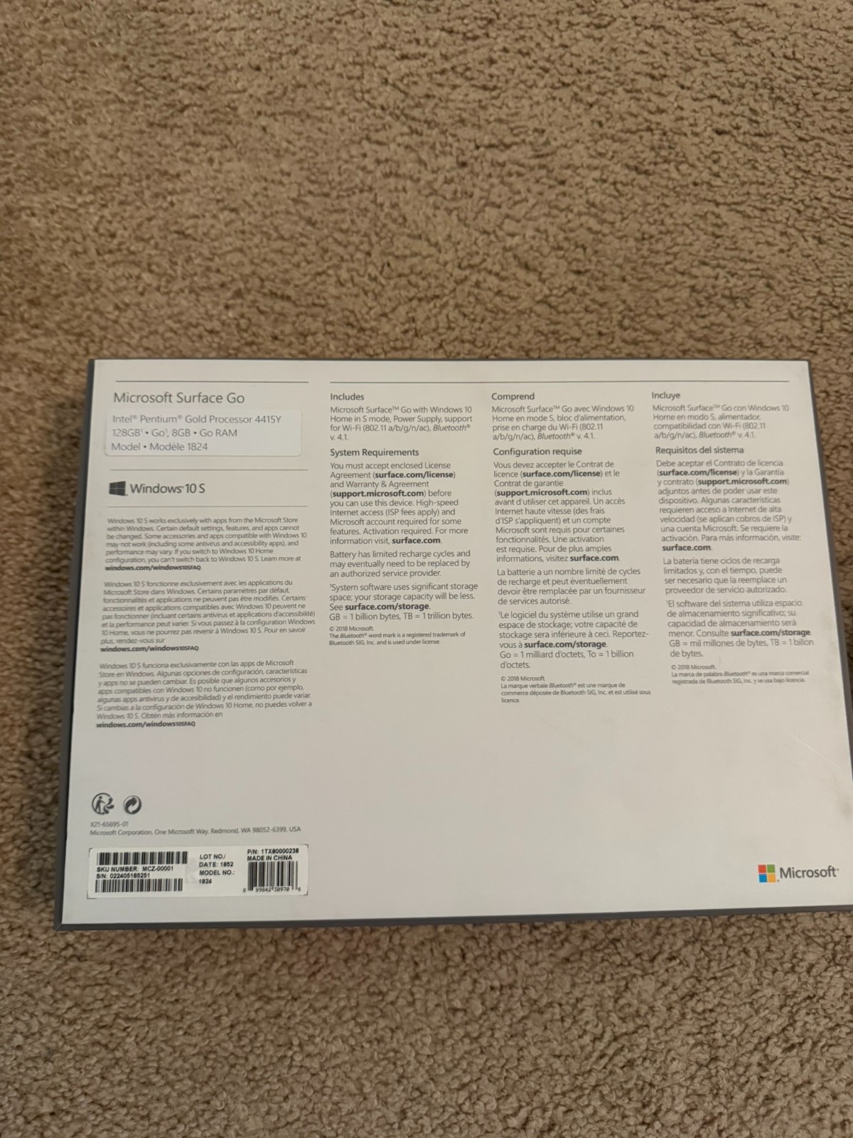Microsoft Surface Go 1824 1st Gen 128GB 8GB RAM Windows 10 S with Type Cover