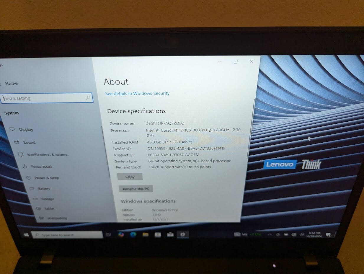 Lenovo Thinkpad T14 G1 i7-10610U 48GB RAM/500 GB SSD – Win 10 Pro TOUCHSCREEN