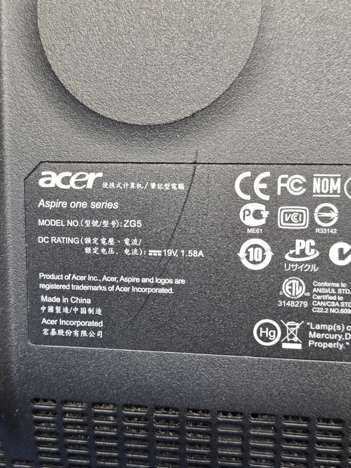 Parts Only – Acer Aspire One Series ZG5 – Intel Netbook Laptop – No Cord