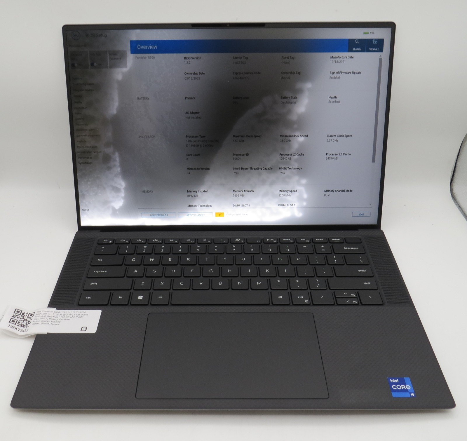 Dell Precision 5560 | i9-11950H @ 2.6GHz | 8GB RAM | 128GB m2 | RTX 2000 | Parts