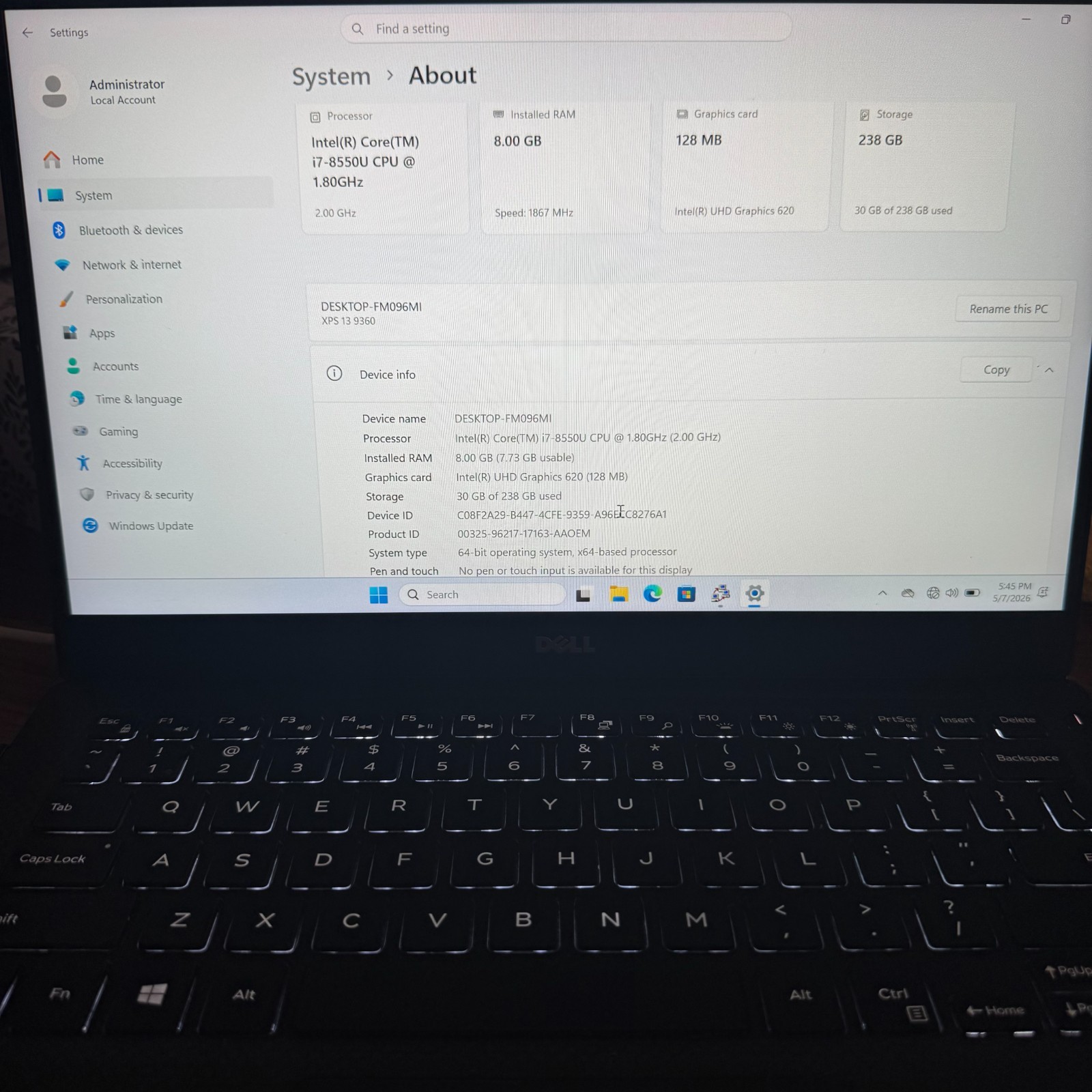 Dell XPS 13 9360 i7-8550U 8GB RAM 256GB SSD Win 11 Home Battery 87%