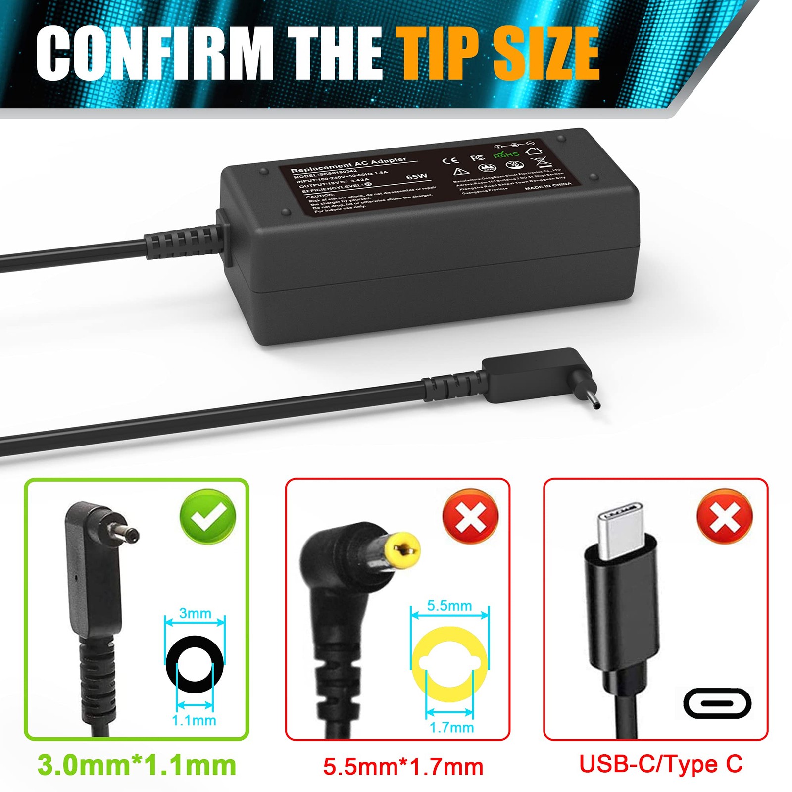19V 3.42A 65W AC Adapter Charger for Acer Chromebook 11 13 14 15 CB3 CB5 C720