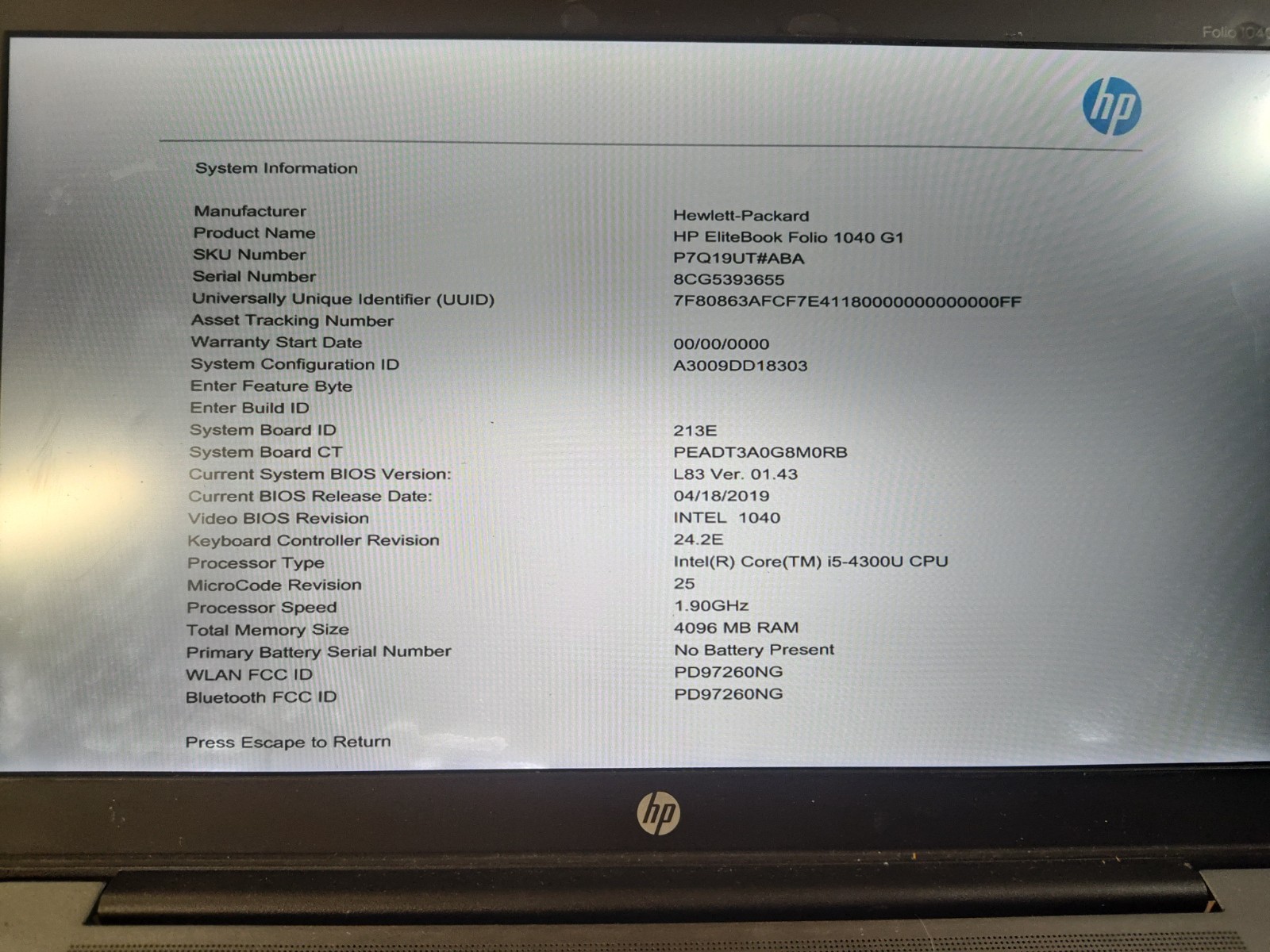 HP Elitebook Folio 1040 G1 Intel i5-4300U 4GB RAM NO SSD/BATTERY/BOTTOM COVER