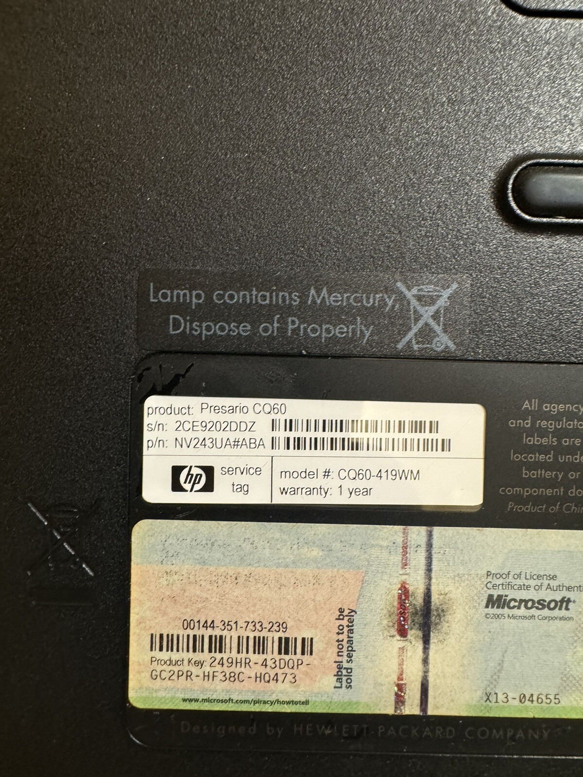 Compaq Presario CQ60-419WM, AMD Sempron @2.1GHz, 3GB RAM, No HDD/OS, Read