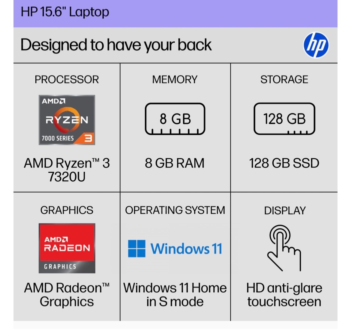 HP 15.6-inch laptop, HD touch screen, AMD Ryzen 3 7320U, 8 GB of RAM, 128 GB SSD