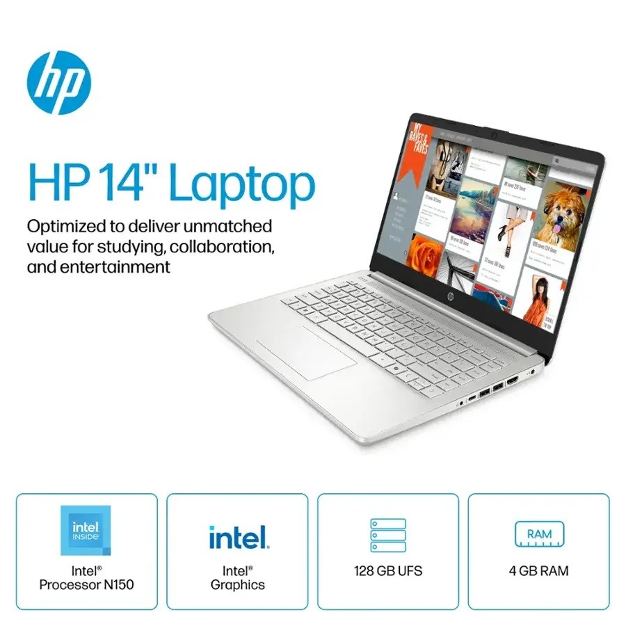 HP 14 inch Student Laptop Intel N150 UPTO 16GB RAM 128eMMC up to 3.6GHz Notebook