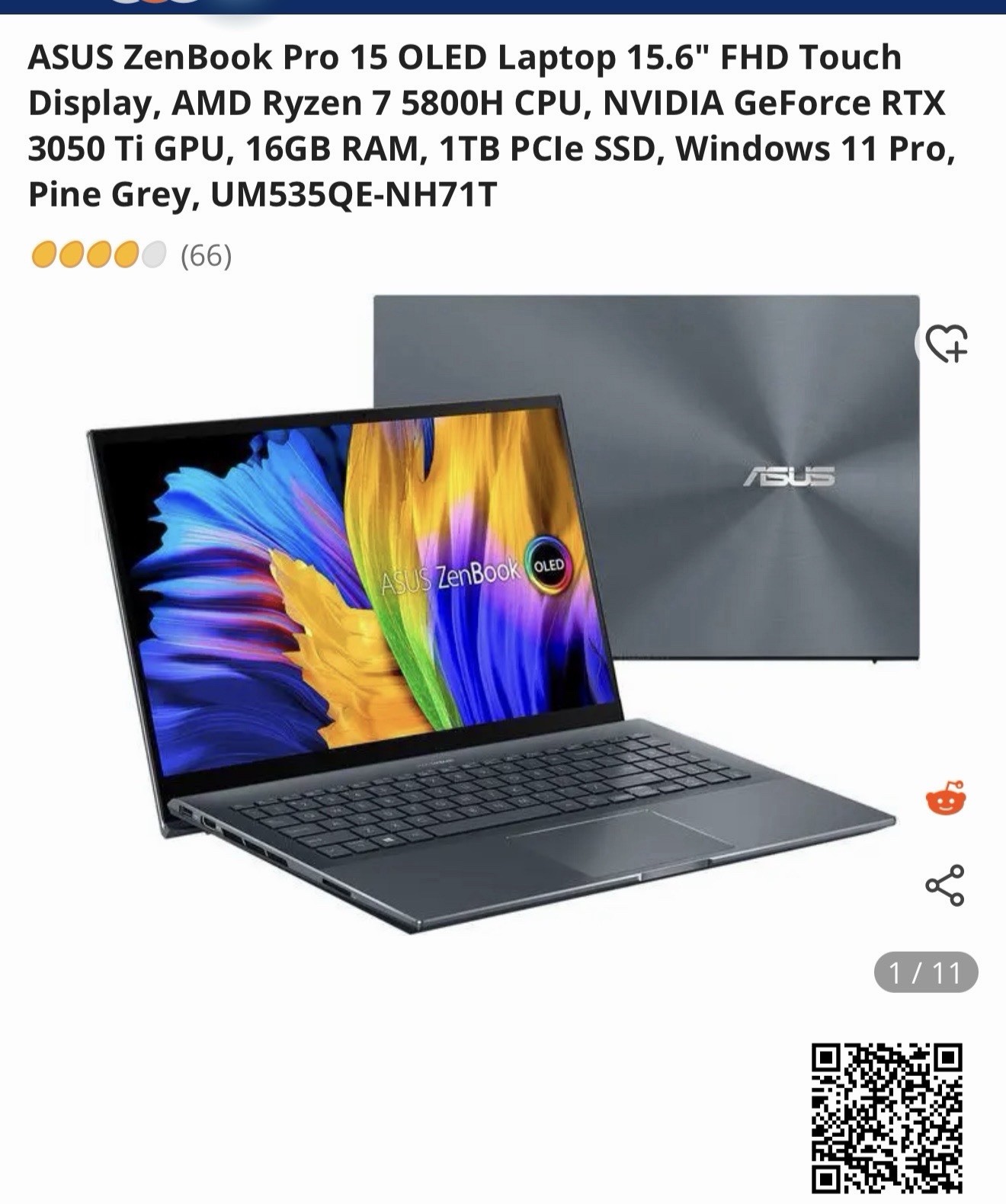 ASUS ZenBook Pro 15 OLED Laptop 15.6″ FHD Touch Display, AMD Ryzen 7 5800H CPU