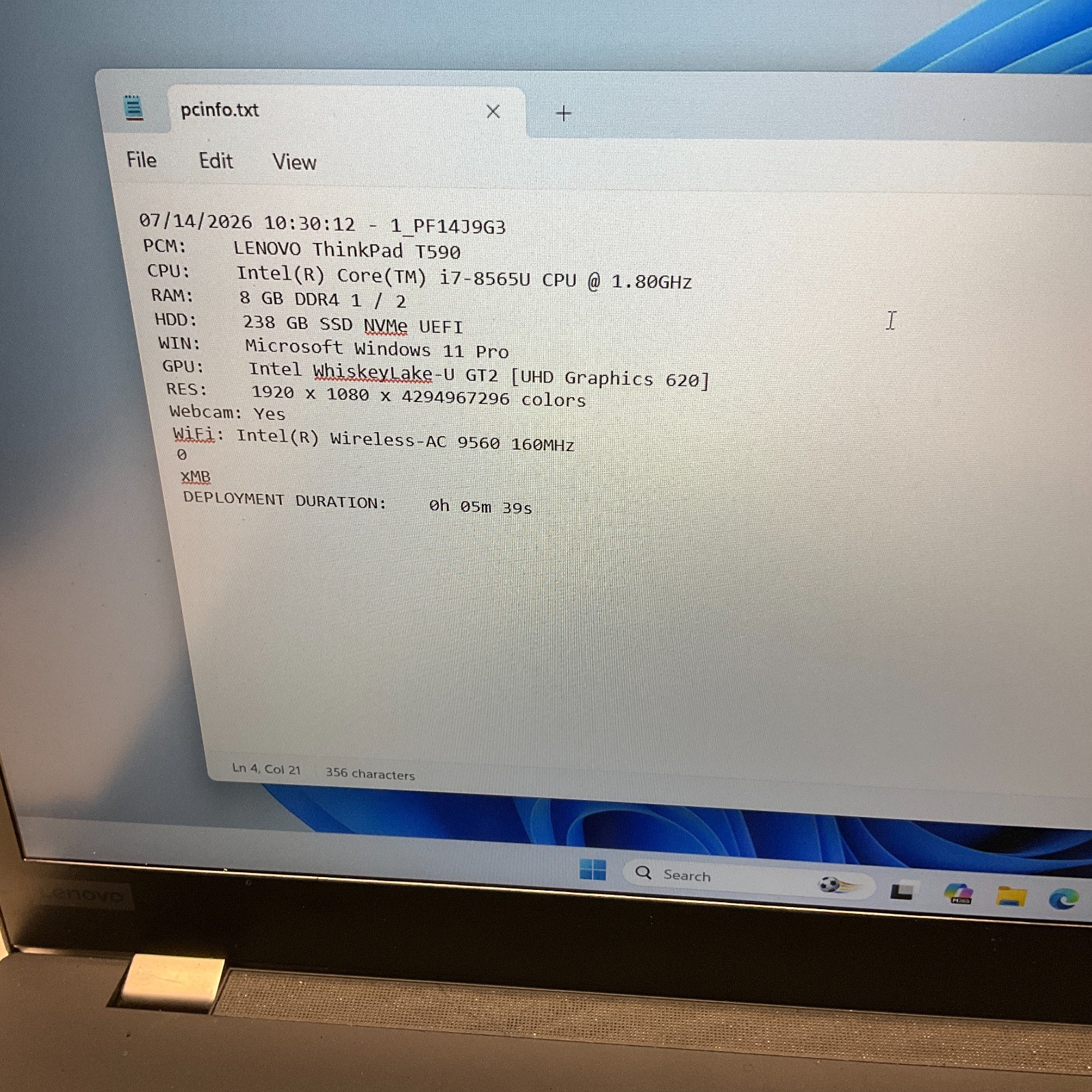 Lenovo ThinkPad T590 i7-8565U 8GB RAM 256GB SSD Windows 11 Pro 15.6″ Laptop