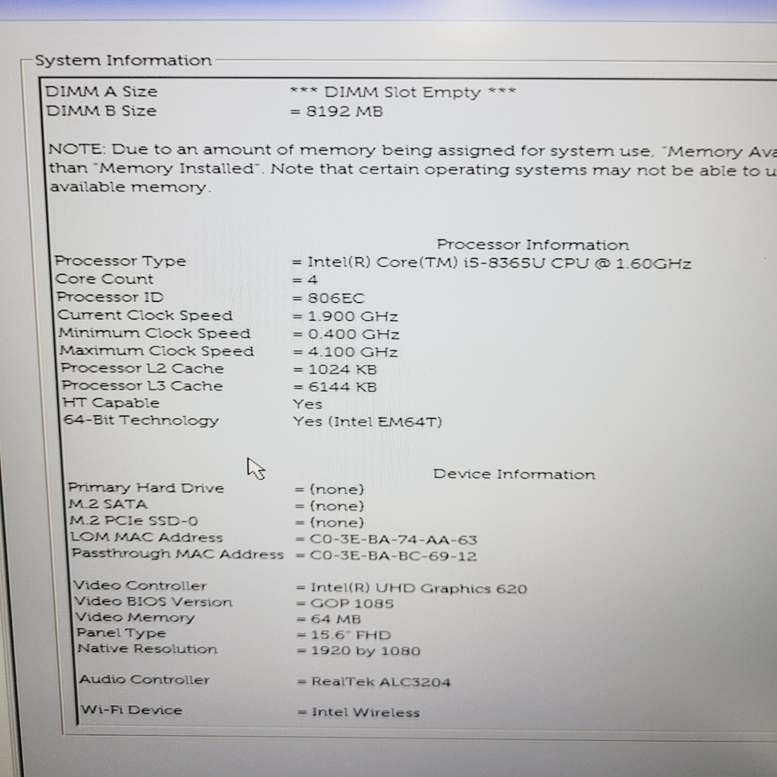 Dell Latitude 5500 Core i5-8365U 1.6GHz 8GB RAM No HDD 15.6″ ***Boot to Bios
