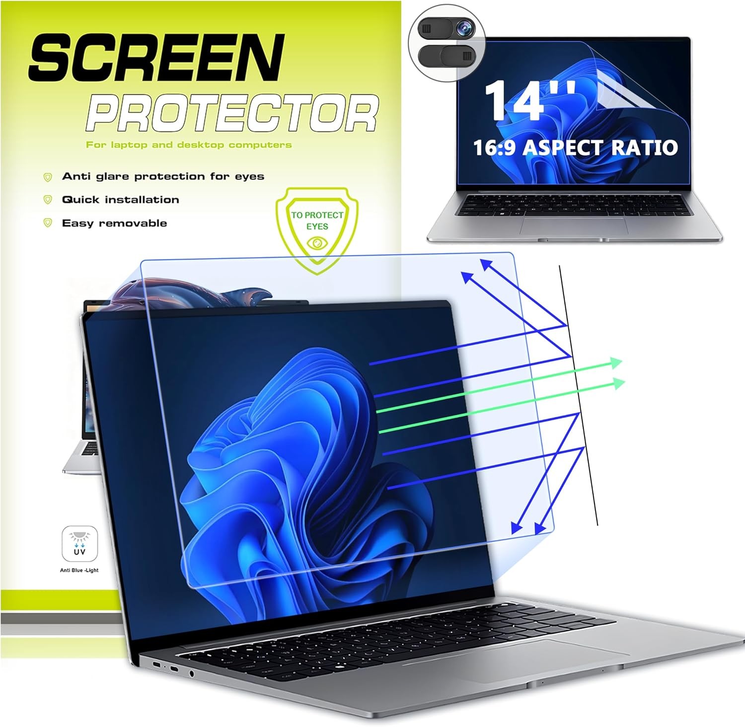 14 Inch Anti-Blue Light Screen Protector & Webcam Cover for HP Dell Acer Lenovo