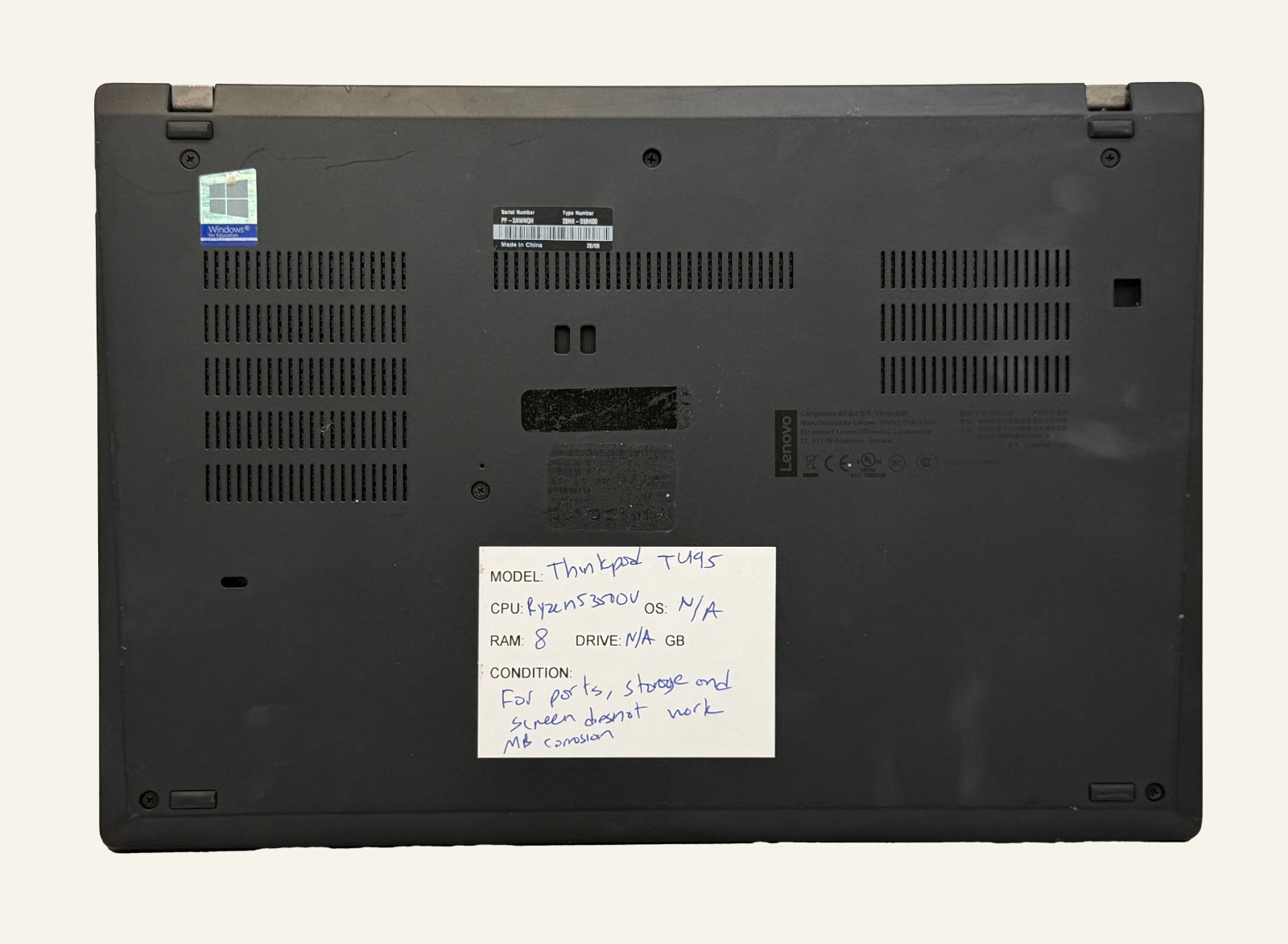 Lenovo Thinkpad T495 AMD Ryzen 5 3500u 8GB RAM – No SSD, OS – PARTS
