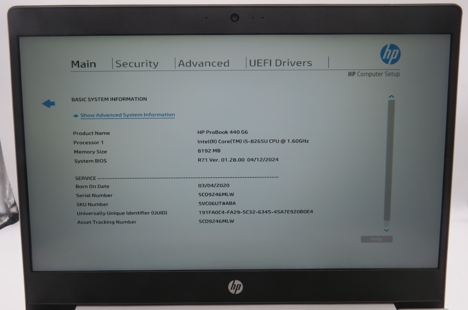 HP ProBook 440 G6 | i5-8265U @ 1.60GHz | 8GB RAM | No SSD/OS/AC