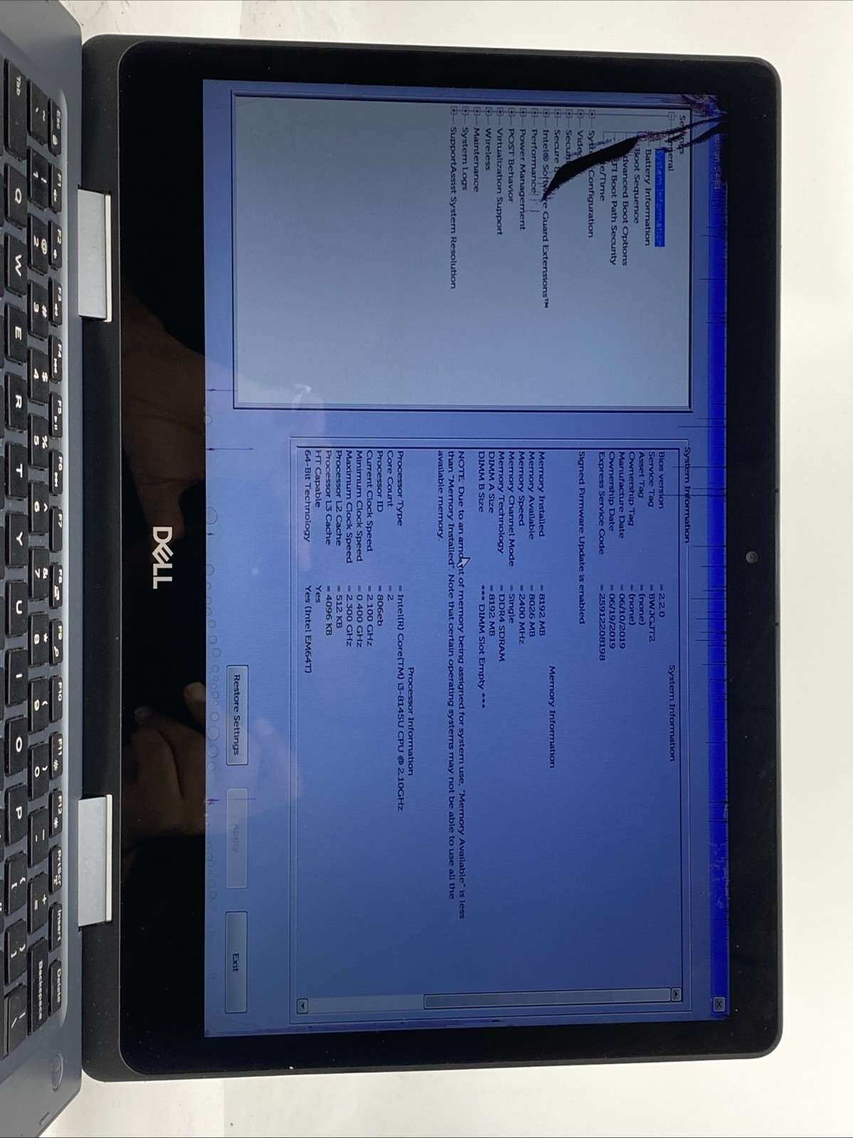 Dell Inspiron 5481 Laptop Intel Core i3-8145U 2.1GHz 8GB 128GB SSD NO OS