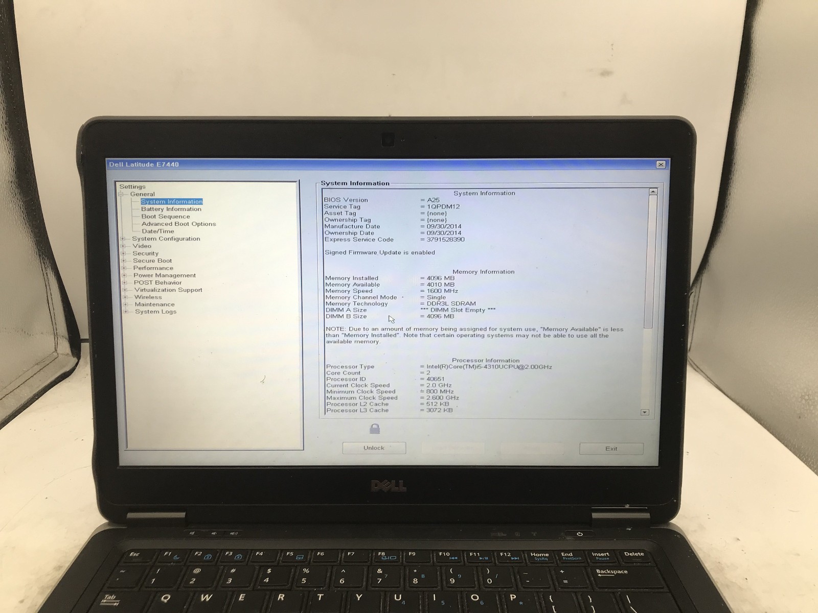DELL LATITUDE E7440 – BOOTS TO BIOS/LOCKED – INTEL I5 4310U – NO RAM – READ – BB