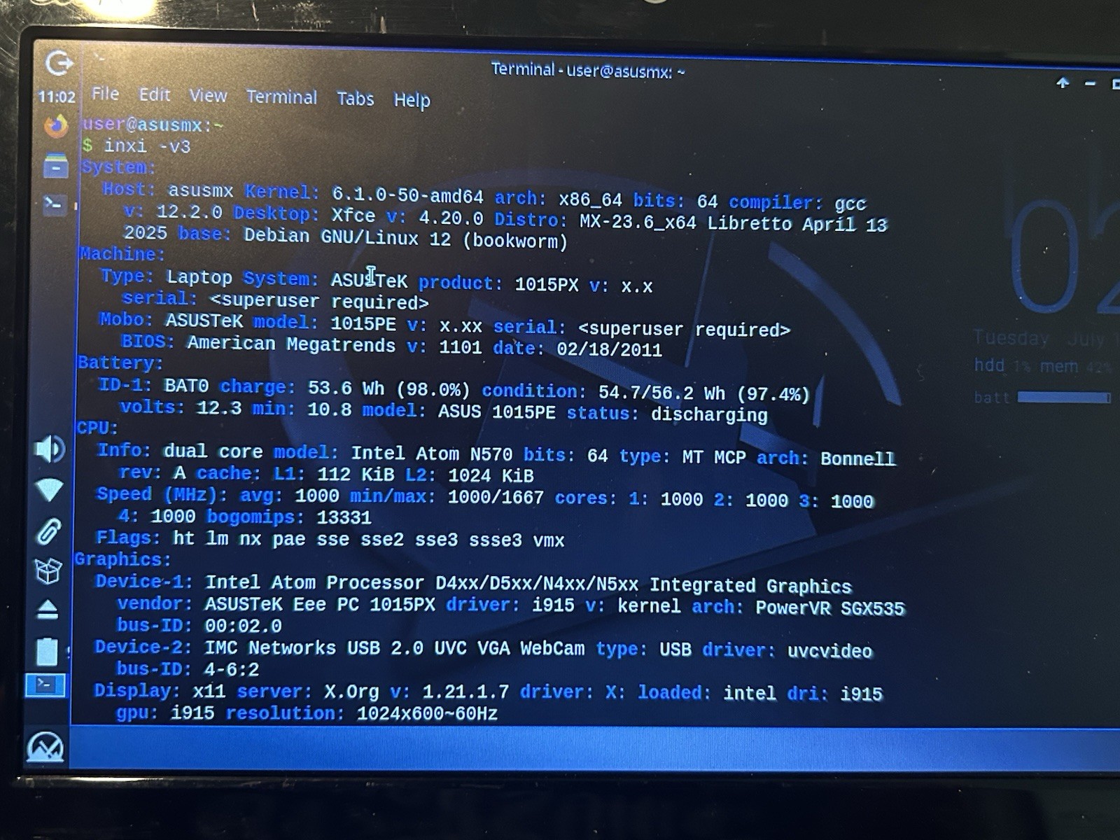 Asus eee pc 1015px- 2gb RAM- 480gb SSD- with Power Cord- Running MX Linux