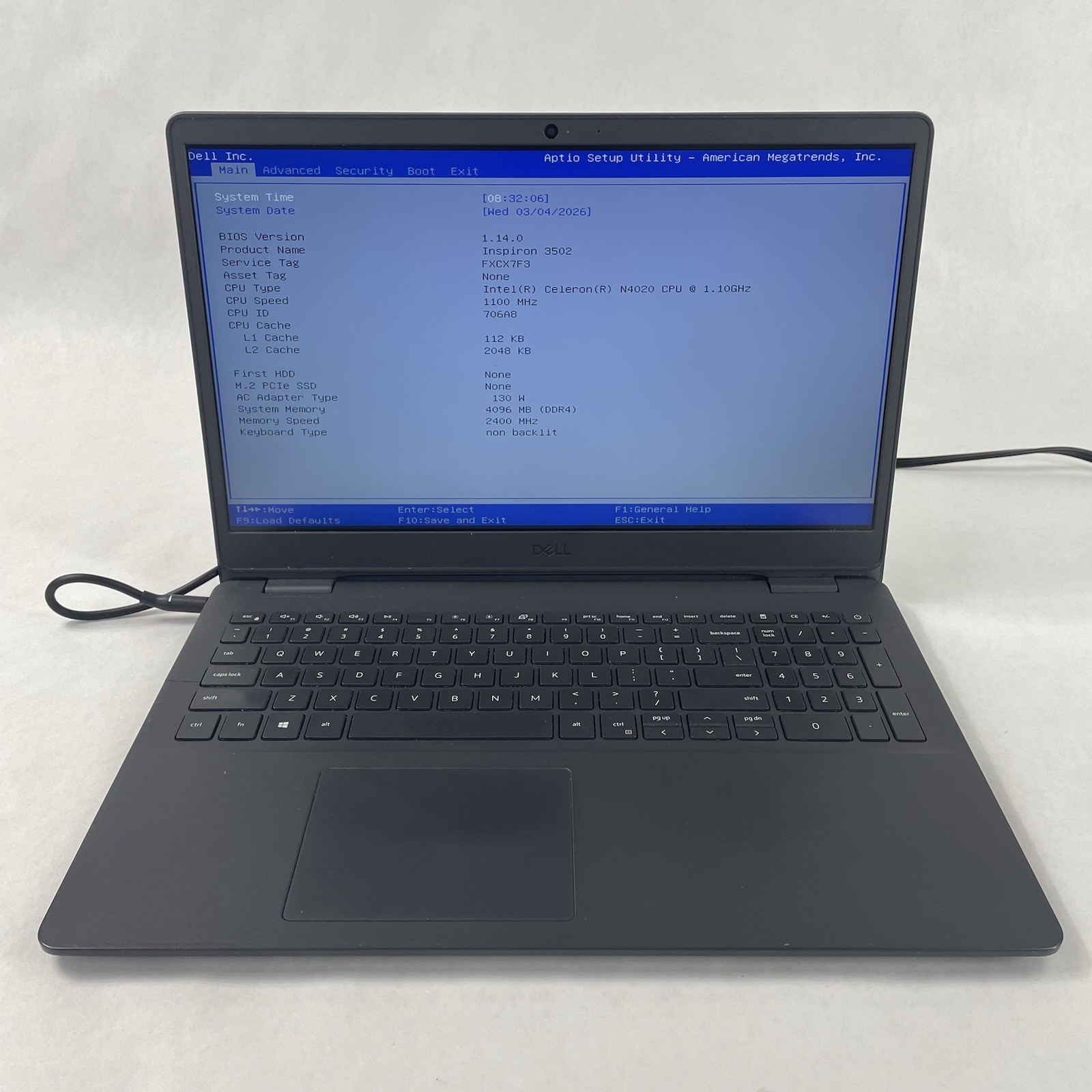 Dell Inpiron 3502 15.6″ Celeron N4020 1.10 GHz 4 GB RAM No SSD No OS No Batt