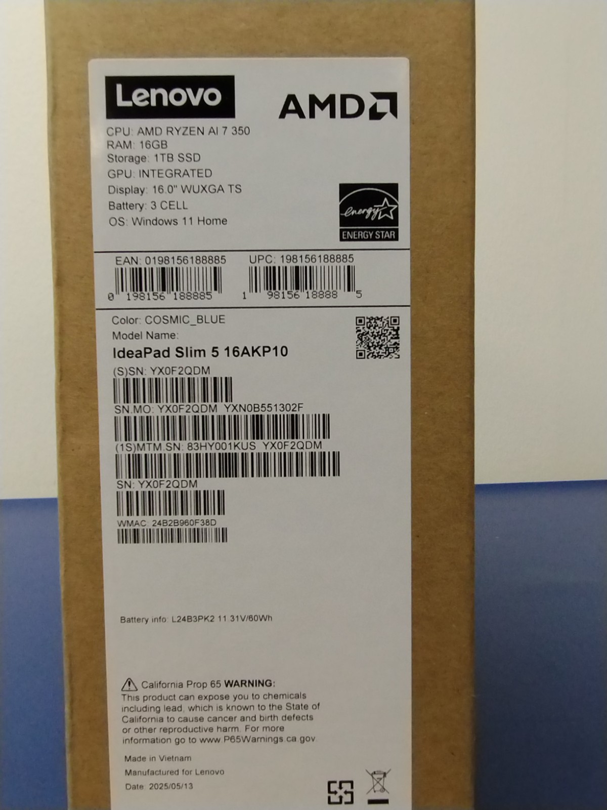 LENOVO IdeaPad Slim 5 16AKP10, AMD Ryzen AI 7 350, 16 GB RAM, 1 TB NVMe SSD
