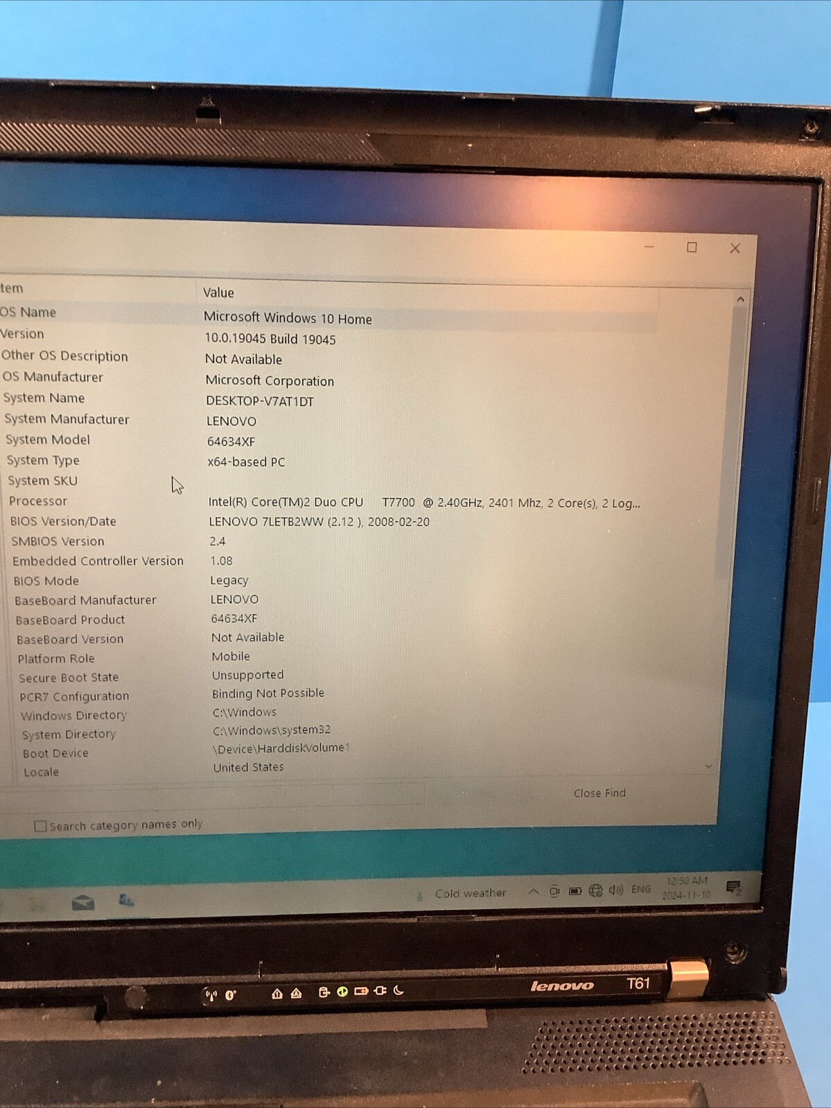 Lenovo ThinkPad T61 – 2.4GHz T7700 128GB SSD 3GB RAM Activated Windows 10 Home