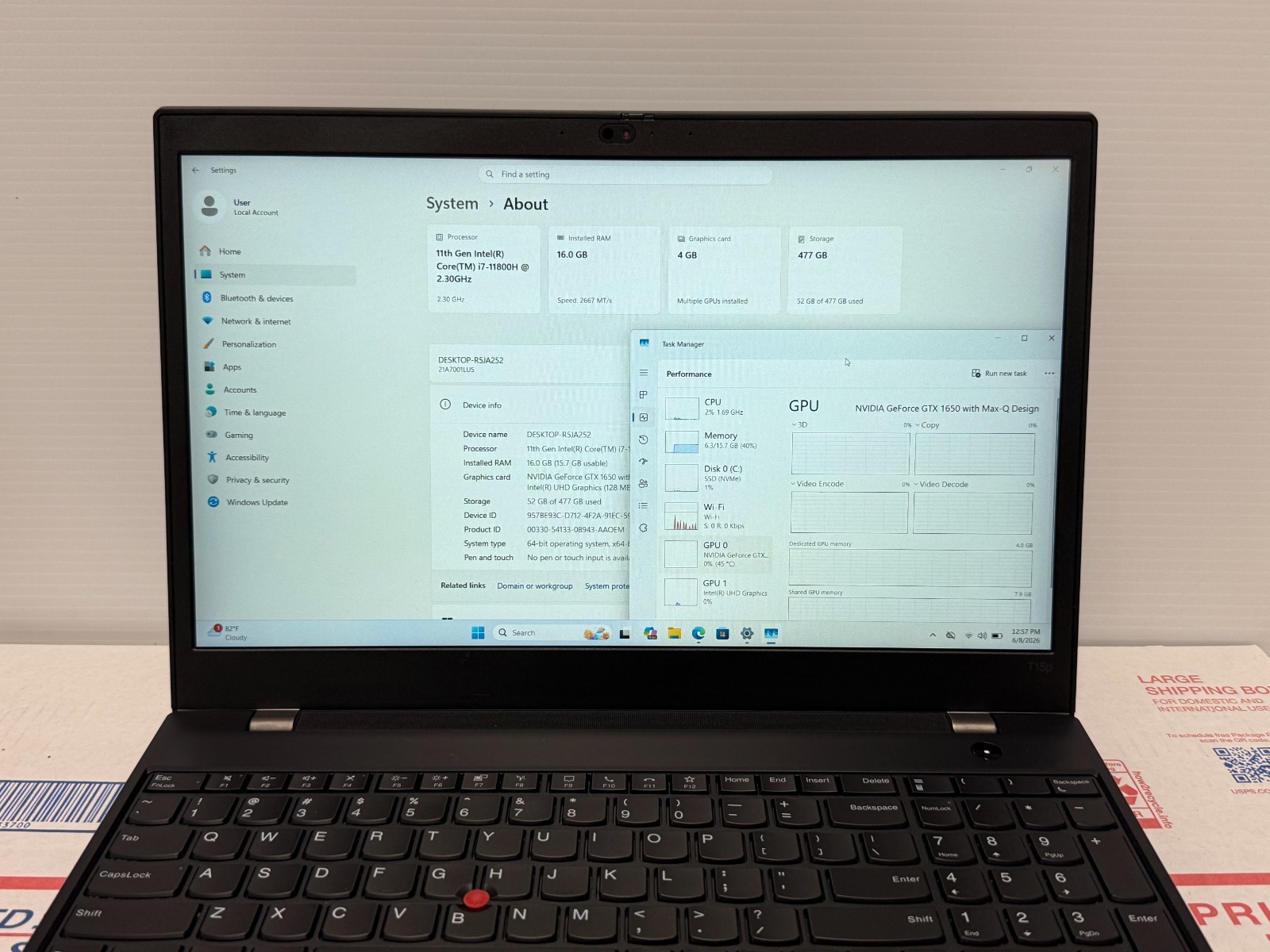 Lenovo ThinkPad T15p Gen 2 FHD i7-11800H 2.30GHz 16GB 512 SSD GTX 1650 Max-Q