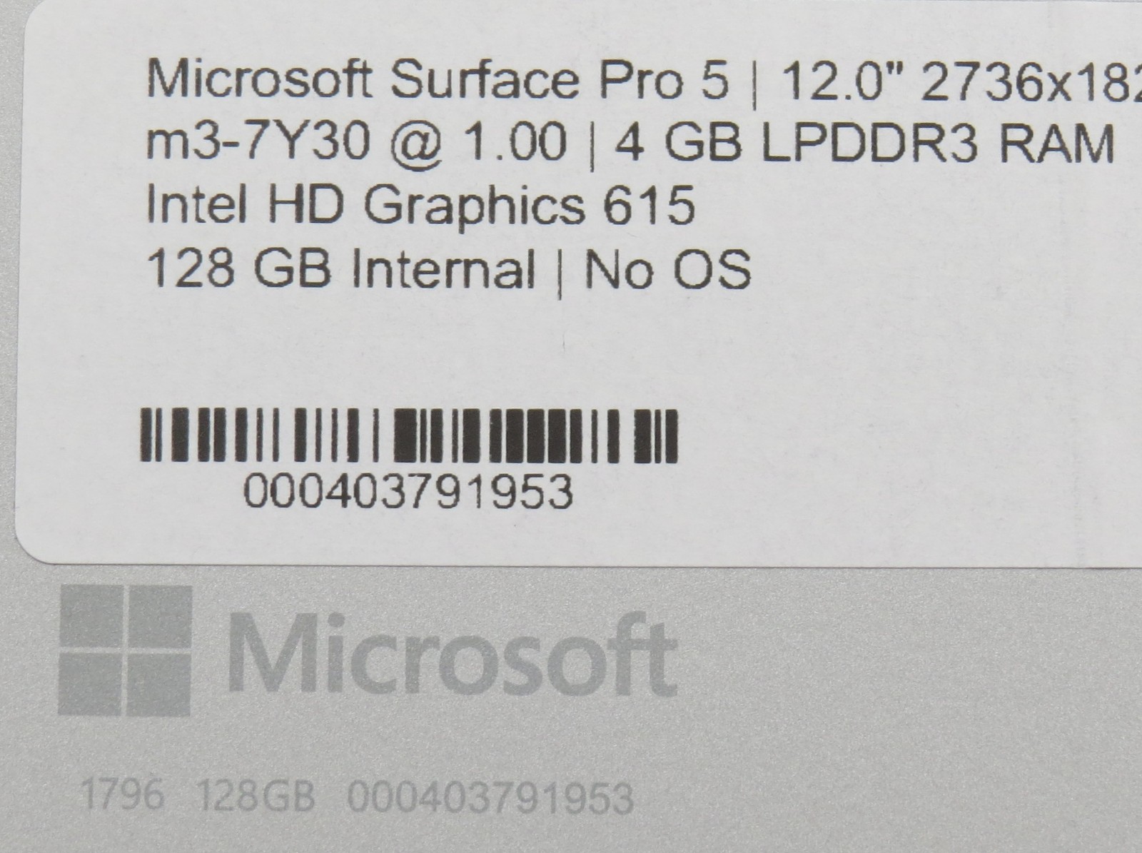 Microsoft Surface Pro 5 1796 | M3-7Y30 | 4GB RAM | 128GB SSD | No OS / AC